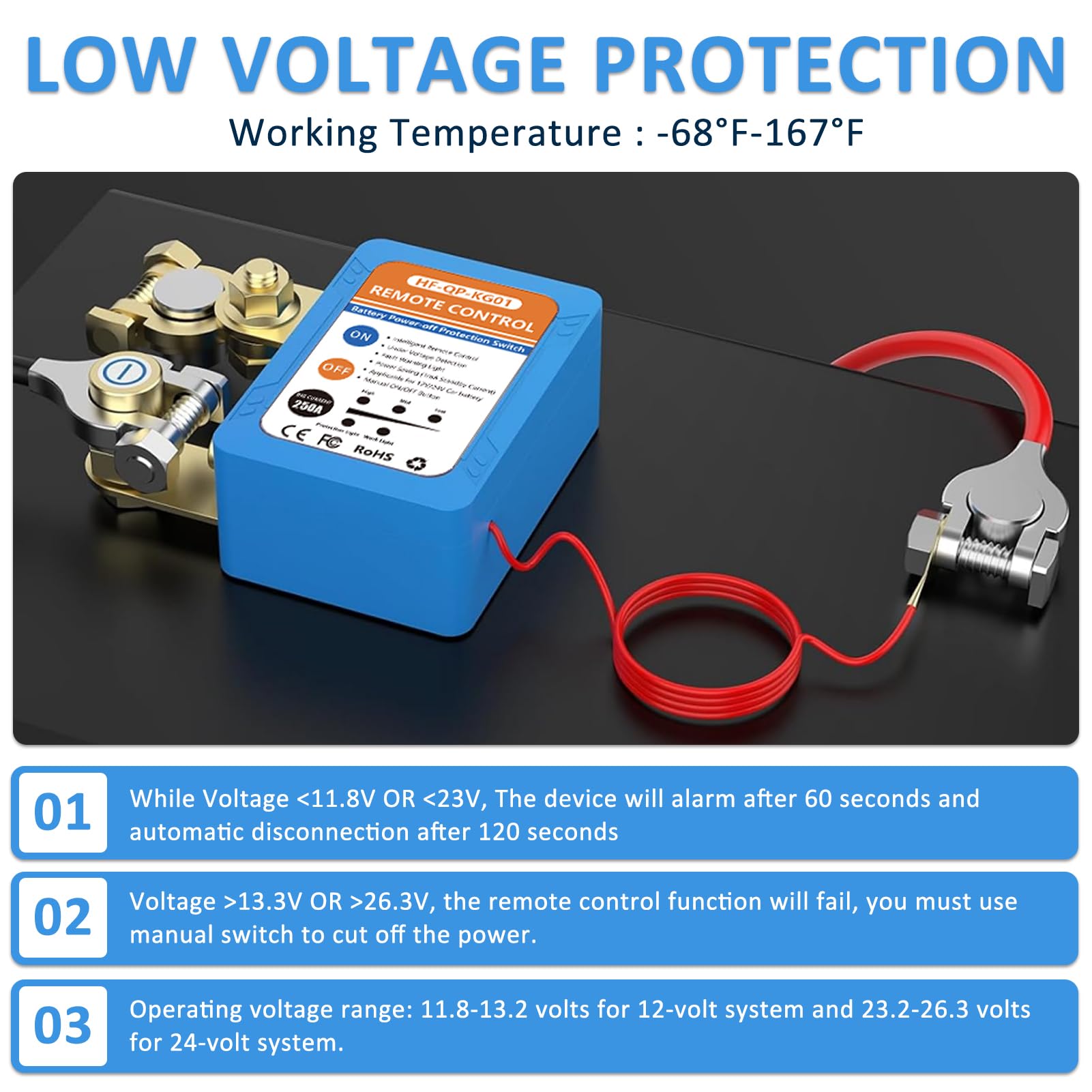 250A Kill Switch for Car, 12V/24V Remote Battery Disconnect Switch Automatic Power Shut/Cut Off Protection Smart Voltage Protect