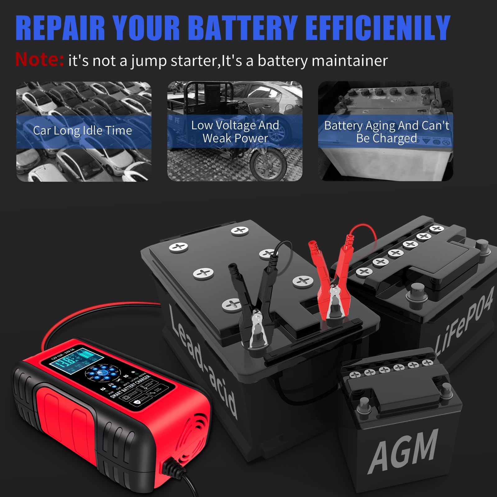 E-FAST 10A Battery Charger for Lifepo4 & Lead Acid, 12/24V Trickle Maintainer for Trucks, Motorcycles, Boats - Red/Black