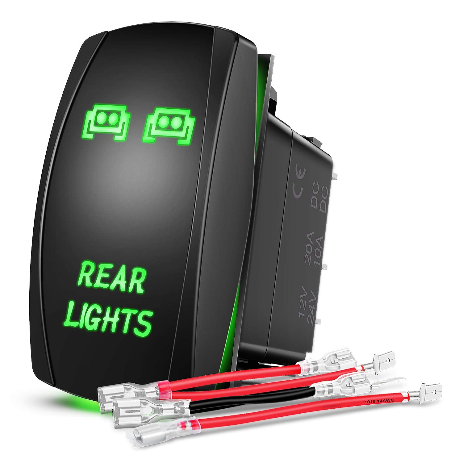 Nilight Rear Lights Rocker Switch Led Light Bar Switch 5Pin Laser On/Off switches Green 20A/12V 10A/24V Switch with Jumper Wires
