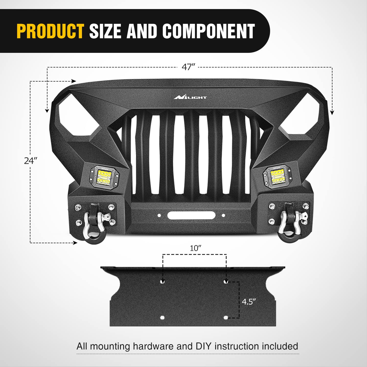 Nilight Wrangler JK Front Bumper Grill with Winch Plate & 2x42W LED Pods, Textured Black, Solid Carbon Steel, Model JK-82B