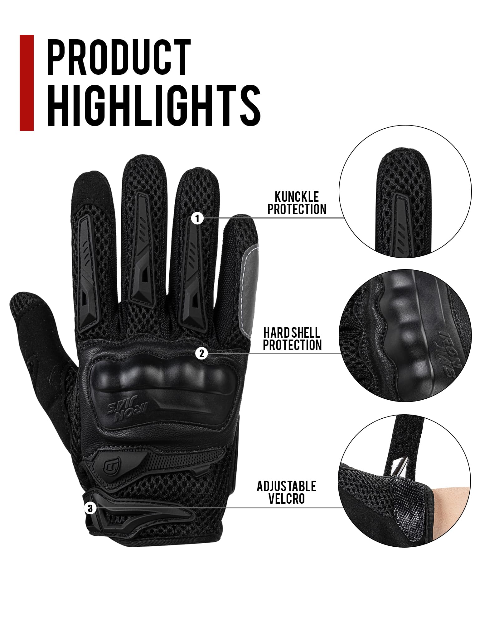 Iron Jia'S Motorcycle Gloves For Men And Women - Motorbike Powersports Racing Gloves With Hard Knuckle Touchscreen For Bmx Atv Mtb Riding (Black L)