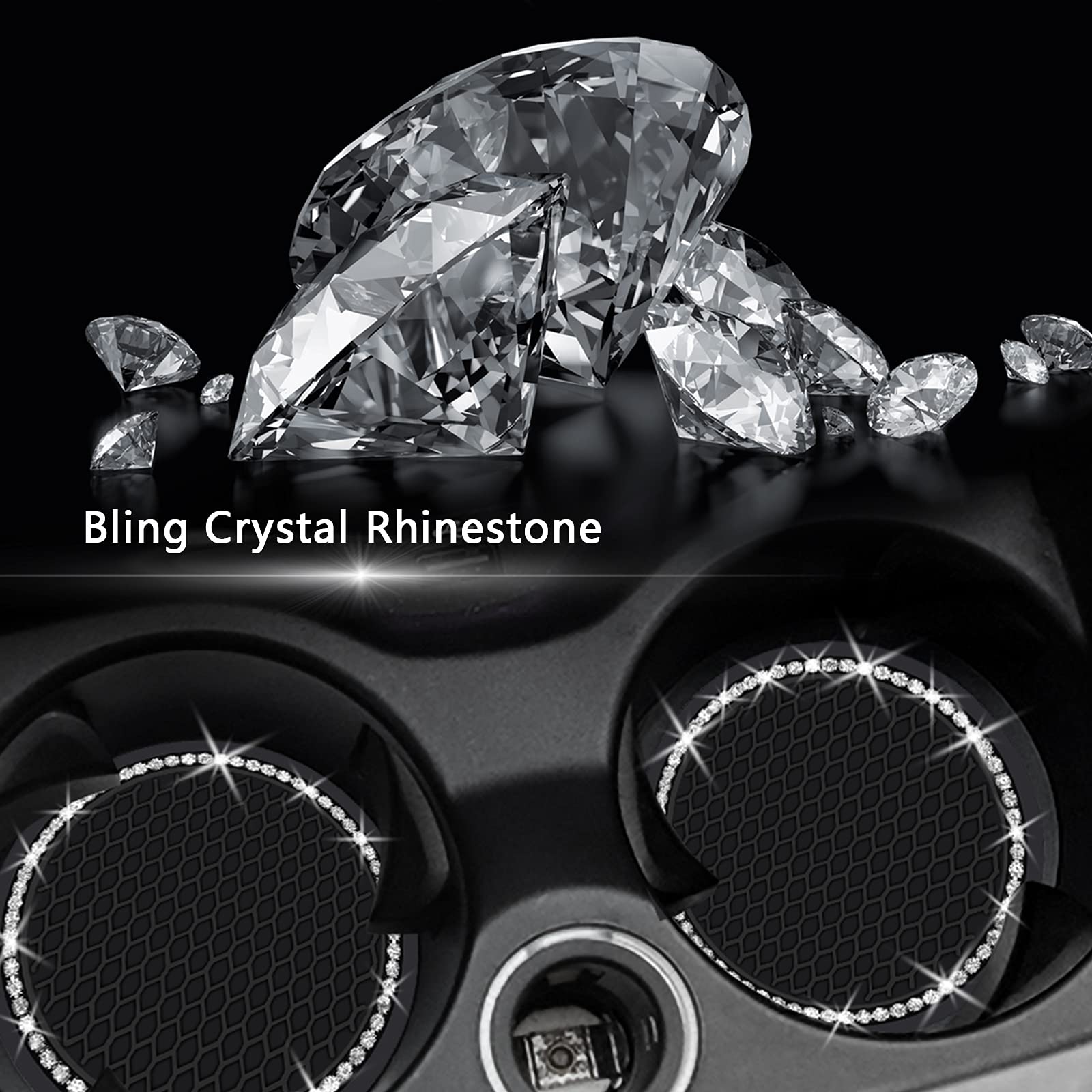 2Pcs Bling Car Cup Coaster, 2.75 Inch Auto Car Cup Holder Insert Coasters Silicone Anti-Slip Crystal Rhinestone Drink Car Cup Mat, Universal Vehicle Interior Accessories For Women Girls (Black)