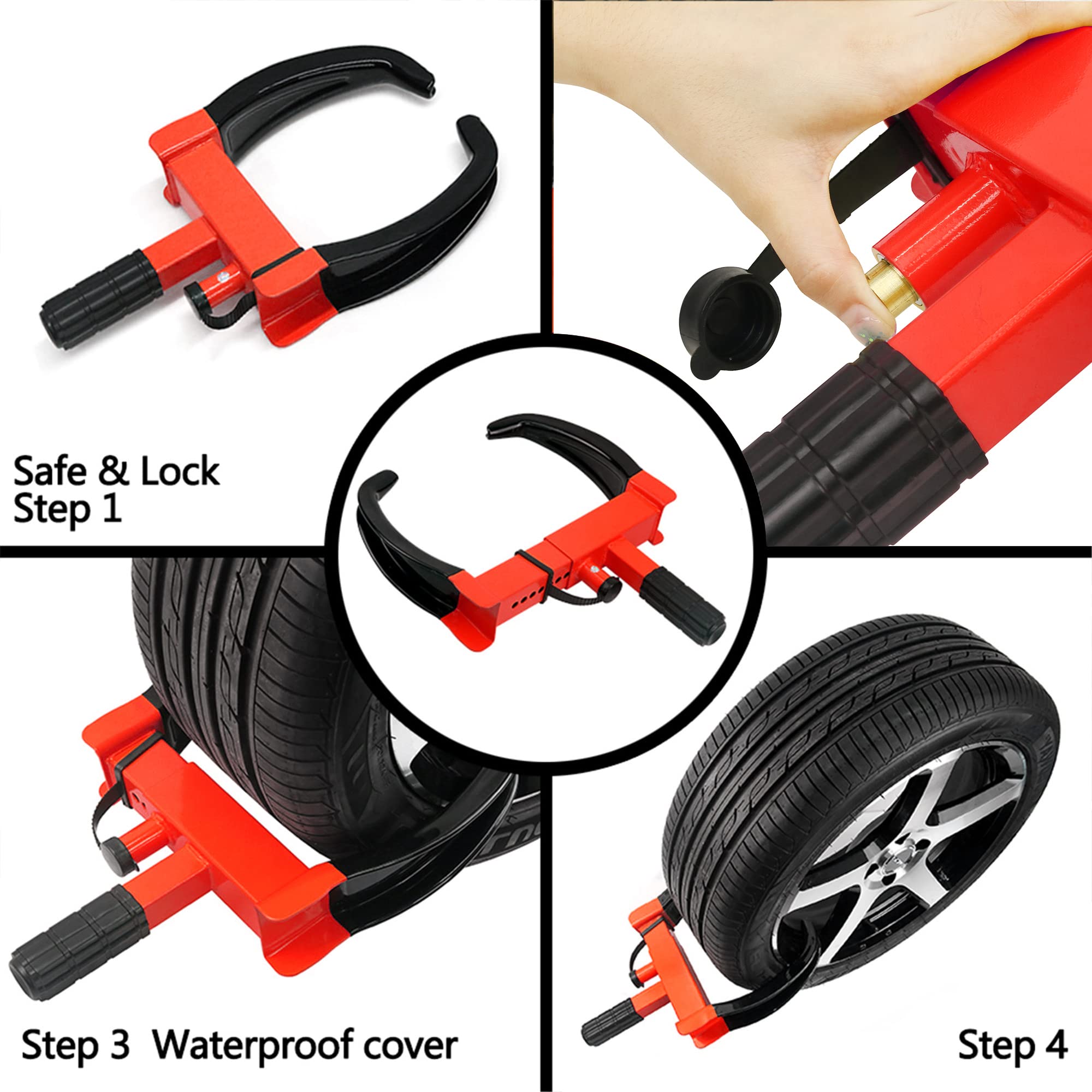 KAYCENTOP Wheel Clamp Lock - Anti Theft Tire Lock for SUVs, Trailers, Boats, ATVs - Fits Max 10" Tire Width - Red/Black - Model L2019