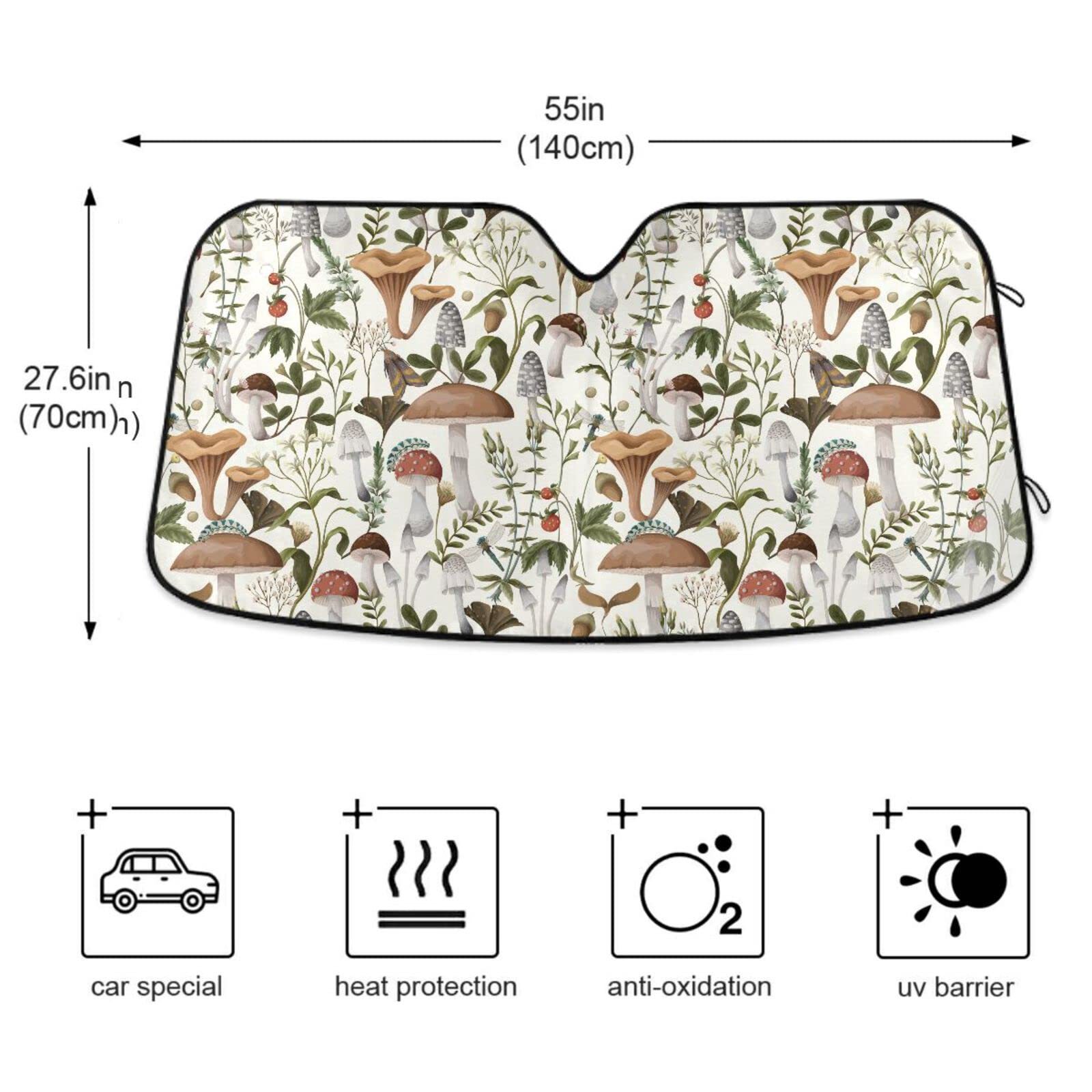 Oarencol Mushrooms Car Windshield Sun Shade Vintage Flower Leaves Foldable Uv Ray Sun Visor Protector Sunshade To Keep Your Vehi