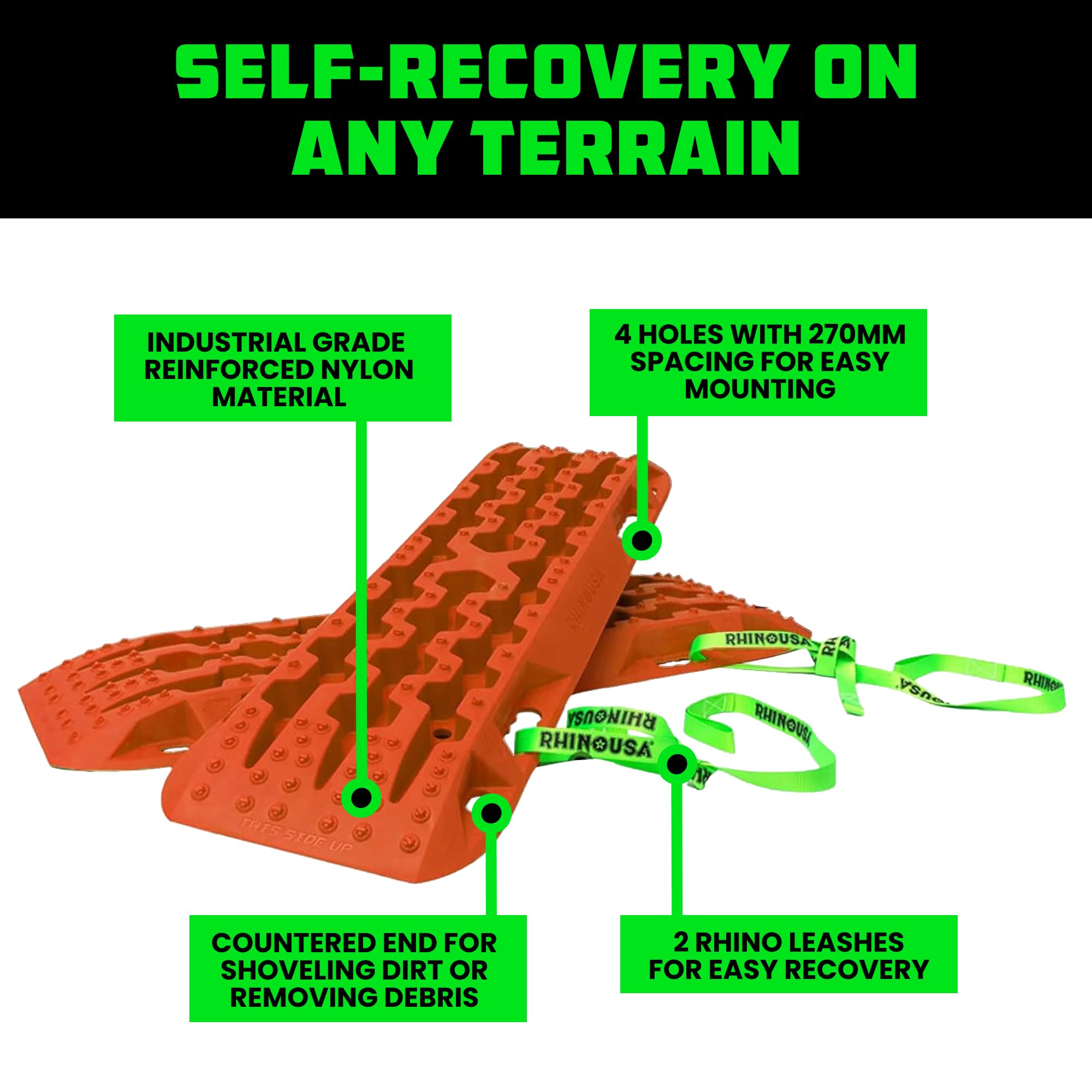 Rhino USA Off-Road Recovery Traction Boards - 2 Pack, Heavy Duty, Large, Reinforced Nylon, Orange, Model TRACBOARDs