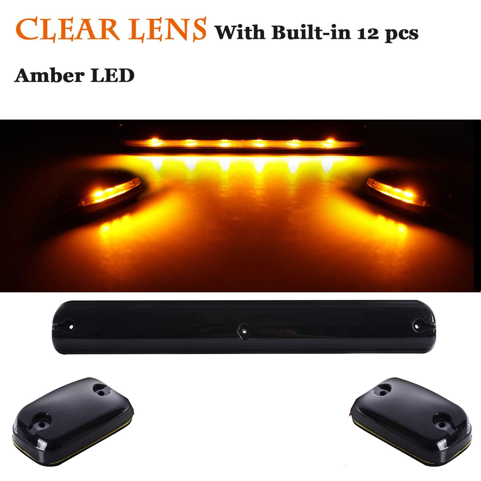 Npauto 3Pcs Silverado Cab Lights Amber 12 Led Clear Lens Cab Marker Roof Top Clearance Lights Running Light Assembly Replacement