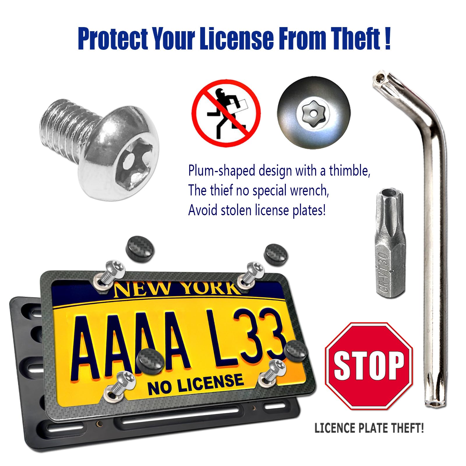 Aootf Front License Plate Bracket- Universal Front Bumper License Plate Mounting Kit, Car Tag Holder Adapter& Carbon Fiber Plate Cover, Anti-Theft Lock Screws, Caps, Nuts, For Us Vehicle Trailer Truck
