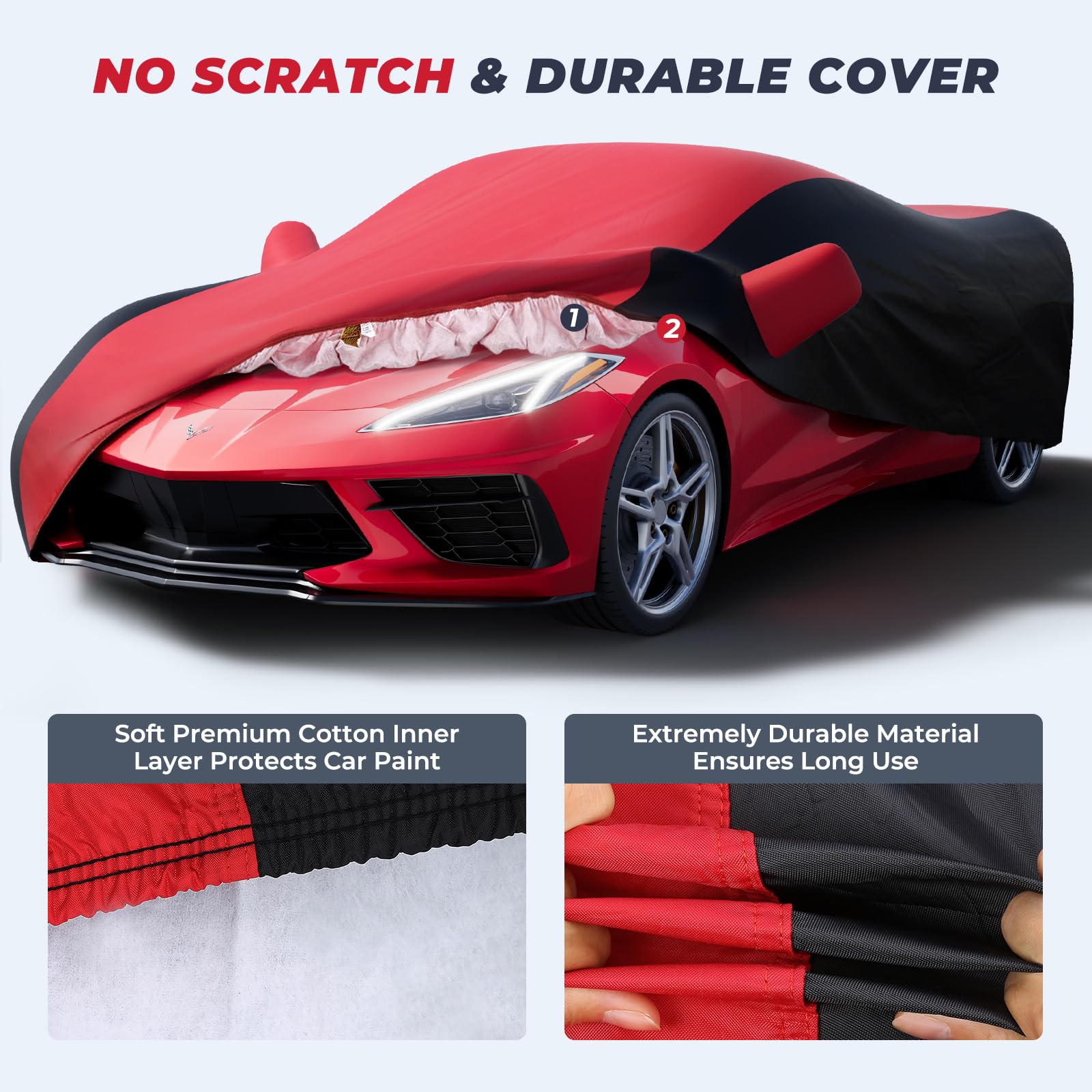 KAKIT Waterproof Car Cover for 2020-2022 C8 Stingray, UV Resistant, Polyester, Red & Black, Model QU0604B-A08
