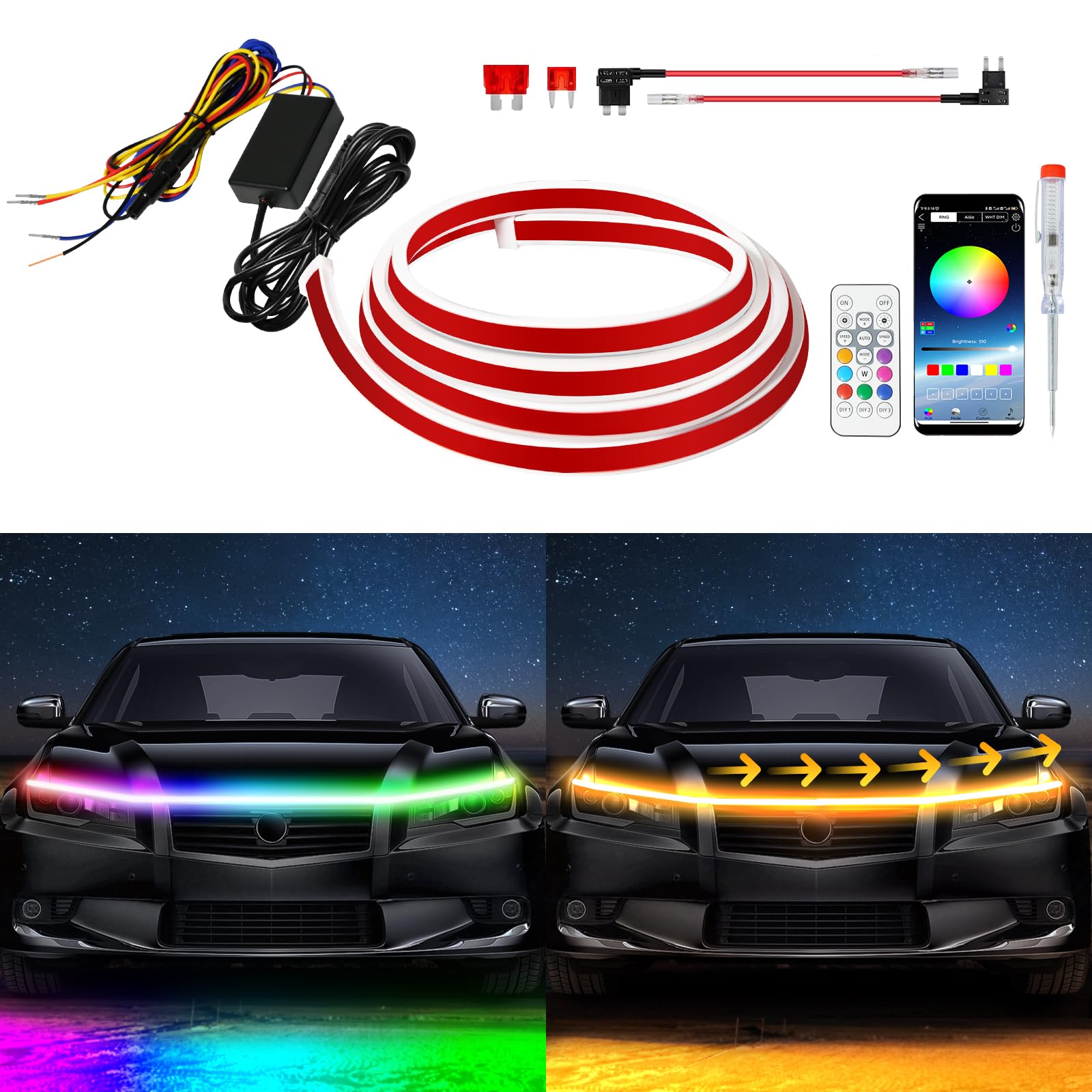 Exterior Car Led Hood Light Strip,Rgb Multicolor Dynamic Scan Start Up Hoodbeam Kit With App & Remote Control,12V Updated Waterp
