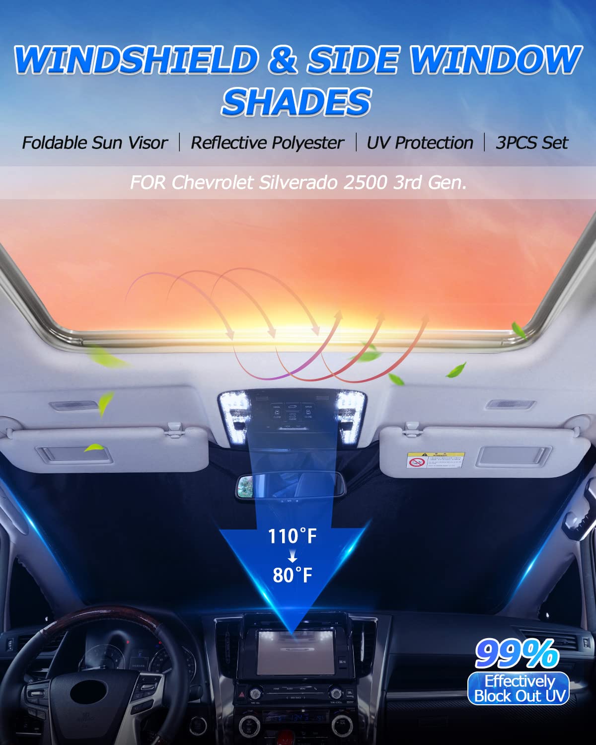 Karltys 3Pcs Windshield Sun Shade For 2015-2019 Chevy Silverado/Gmc Sierra 2500Hd 3500Hd, Front And Side Window Sunshade Custom