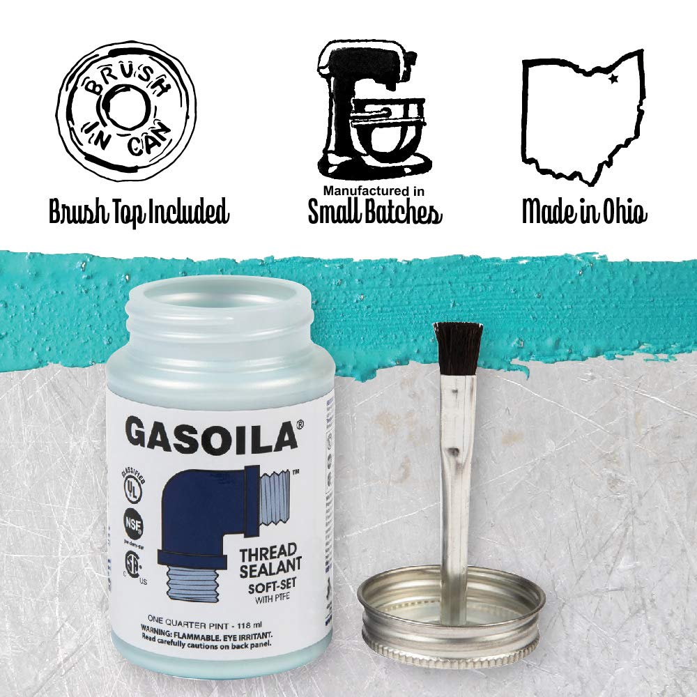 Gasoila Soft-Set PTFE Pipe Thread Sealant, 1/4 Pint, Non-Hardening, Leak Prevention, Temp Range -100 to 600°F, Model SS04