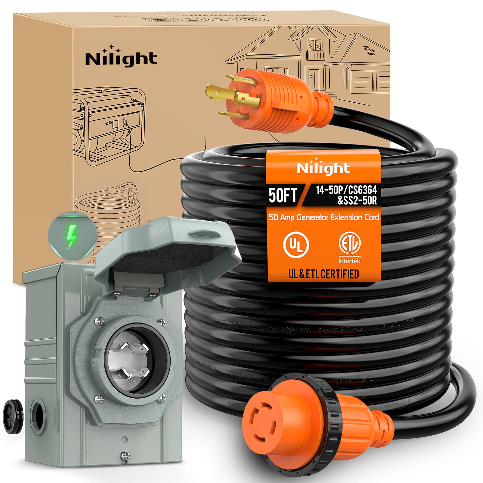 Nilight 30A 50Ft Generator Extension Cord Power Inlet Box With Locking Connector 125/250V 7500W 10 Gauge Stw Etl Listed 4 Prong