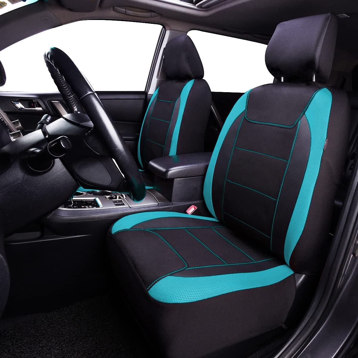 Flying Banner Car Seat Covers Quality Carbon Fiber Air Mesh Fabric Sport Low High Back Bucket Back Pocket Arm Rest (Full Set - Low Bucket, Mint Blue)