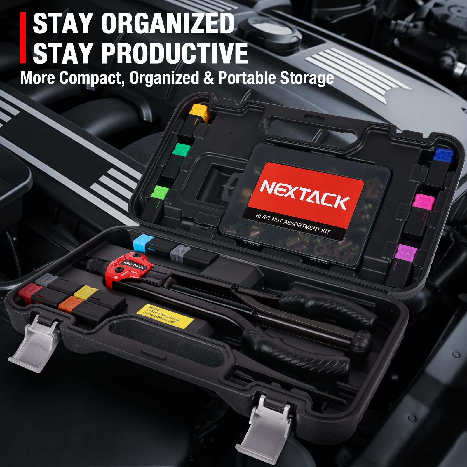 NEXTACK 16" Heavy Duty Rivet Nut Tool Kit - 105 Rivnuts, 12 Mandrels, Semi Auto Release, Red Black, Model NT800