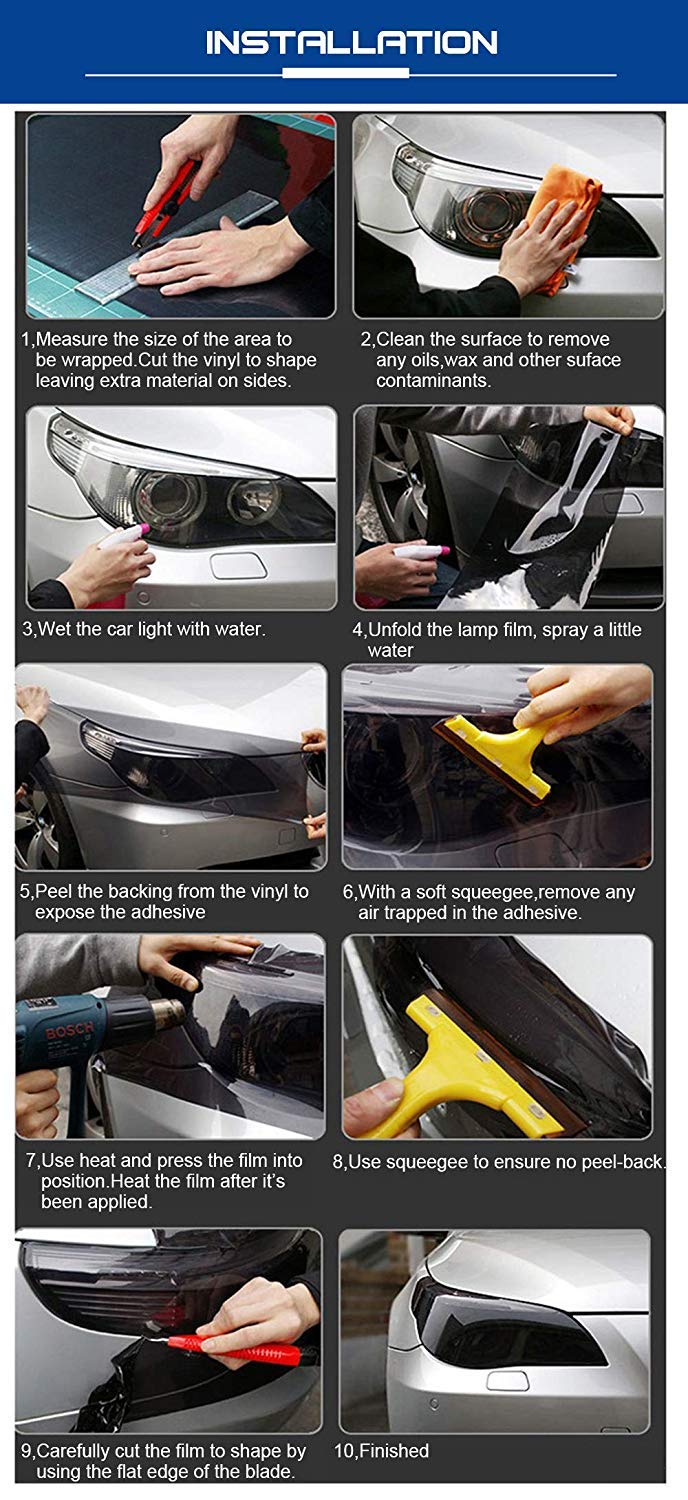 KOMAS 12 x 48 Glossy Orange Tint Vinyl Film Sticker Roll for Car Headlight, Tail Lights & Fog Lights with Squeegee + Cutter