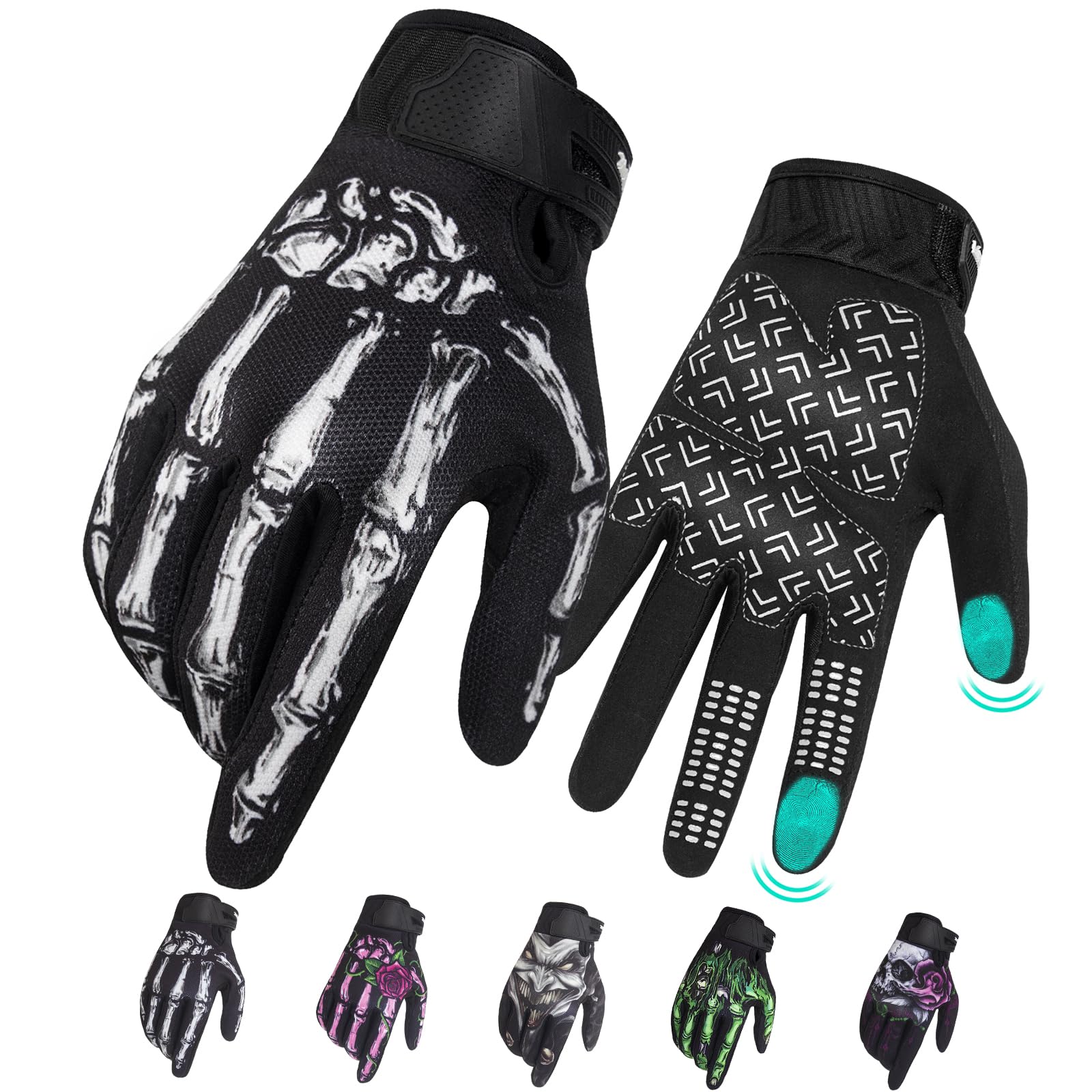 RIGWARL Mens Touchscreen Skeleton Gloves, Large, White Skeleton, Spandex, for Motorcycle, Mountain Bike, BMX, ATV, Motocross