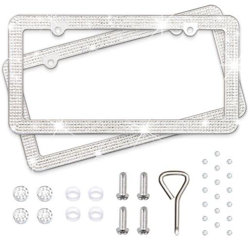 Handcrafted Rhinestone Bling License Plate Frames For Women, Men | 2 Pack Bedazzled Cover With Glittery Screw Caps | Stainless Steel Clear Crystal Sparkle License Plate Frame/Cover (Crystal)