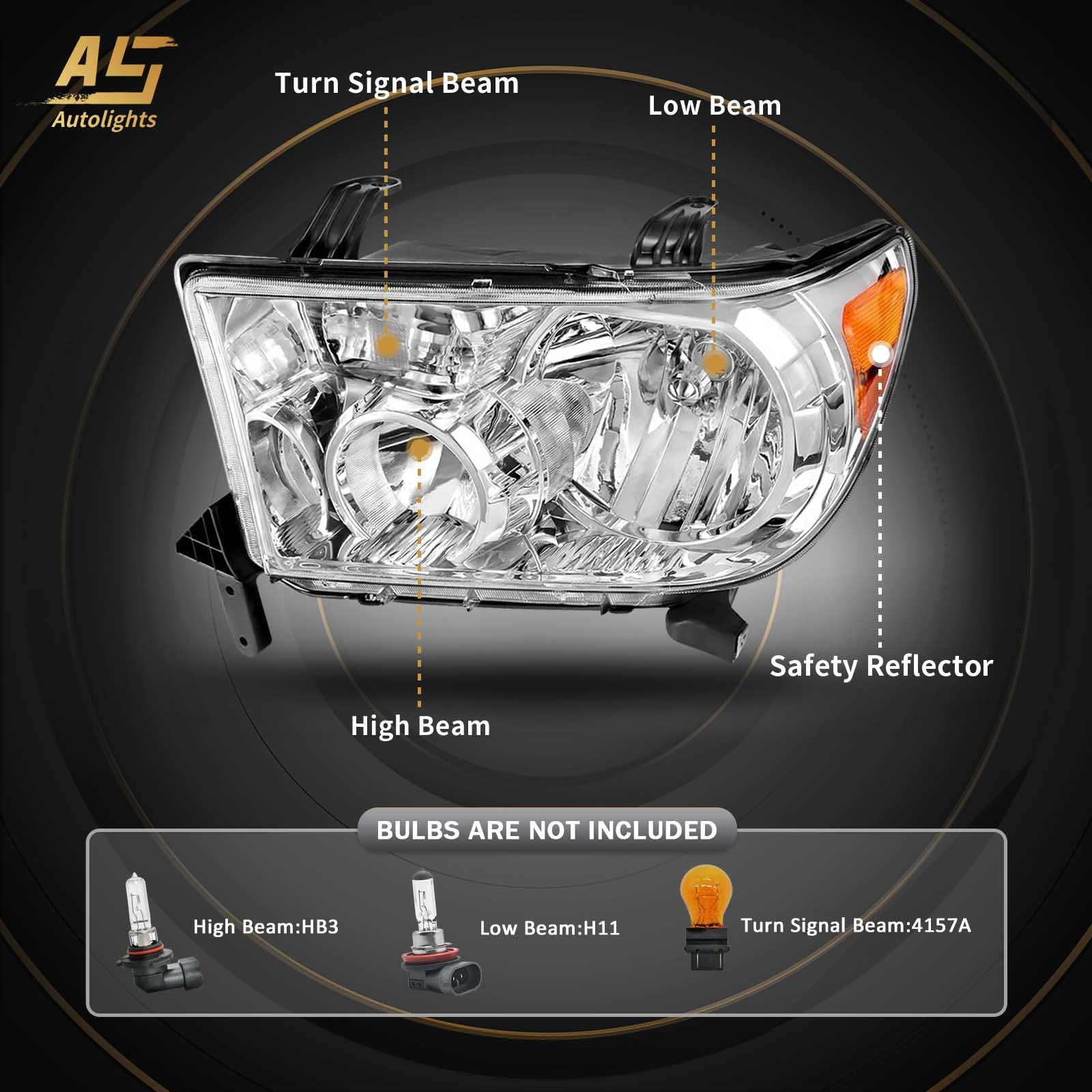 AS Headlights Assembly for 2007-2013 Toyota Tundra & 2008-2017 Sequoia, Chrome Housing, Model TTU07, Without Headlight Leveling/Wash