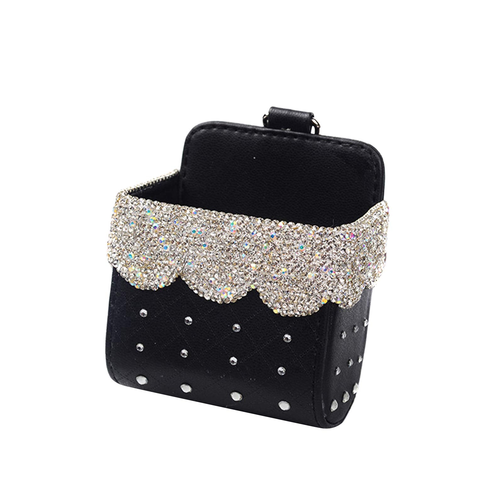 ihreesy Bling Crystal Car Air Outlet Storage Box,MultiPurpose PU Leather Storage Box Garbage Can Glitter Rhinestone Car Hanging