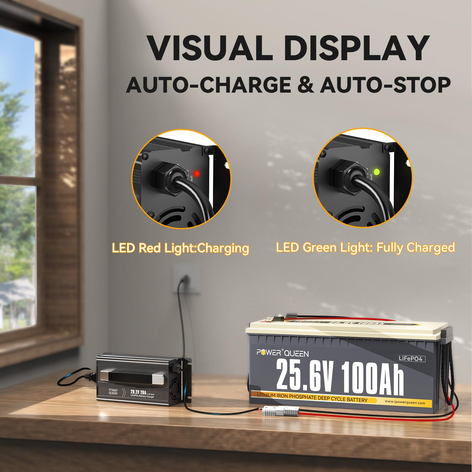 Power Queen 29.2V 20A Lithium LiFePO4 Battery Charger - Fully Automatic, Smart Design, Black, Model 25.6V