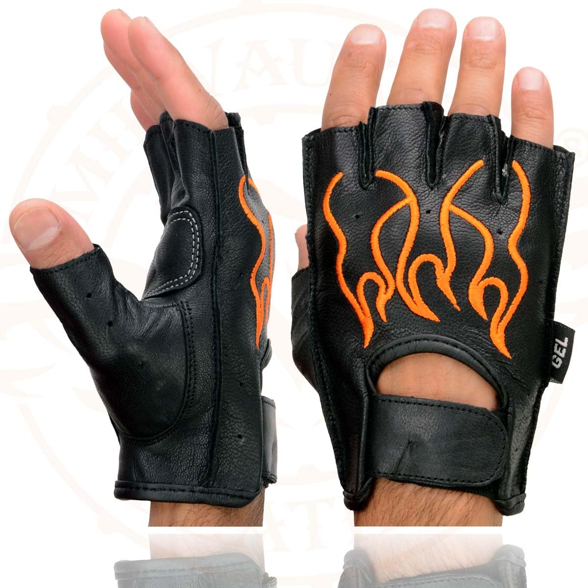 Milwaukee Leather SH198 Men's Black Leather Gel Padded Palm Fingerless Motorcycle Gloves w/Orange Flame Embroidery - Large