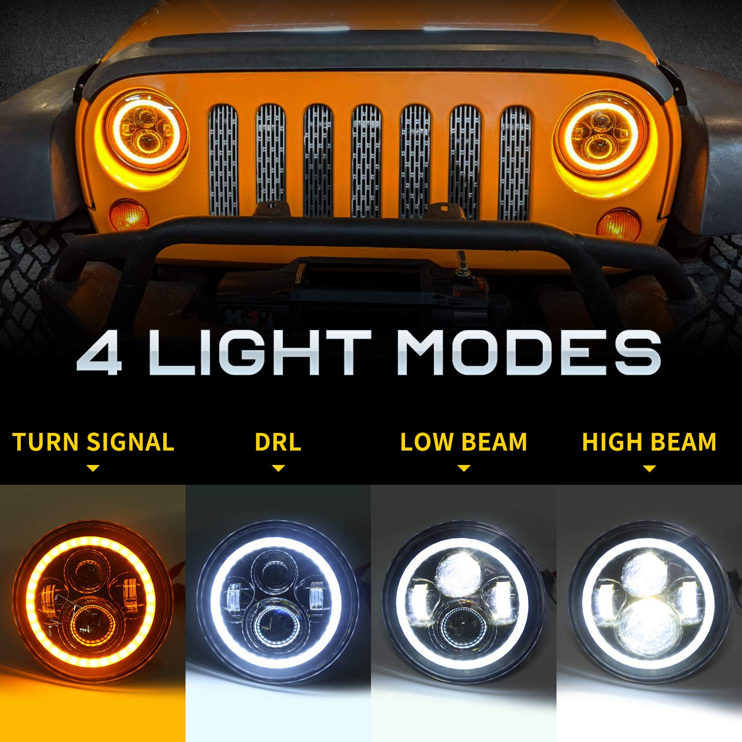 Lx-Light Dot Approved 7Inch Led Headlights With White Drl/Amber Turn Signal + 4 Inch Led Fog Lights With White Drl Halo Ring For
