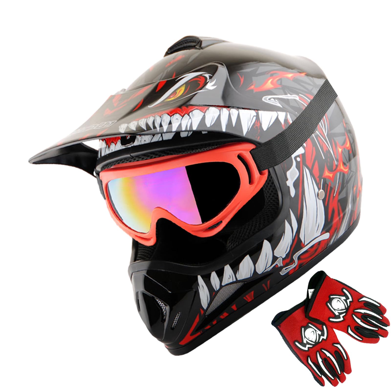 Wow Youth Kids Motocross Bmx Mx Atv Dirt Bike Helmet Dragon Red + Goggles + Mg Youth Red Glove Bundle