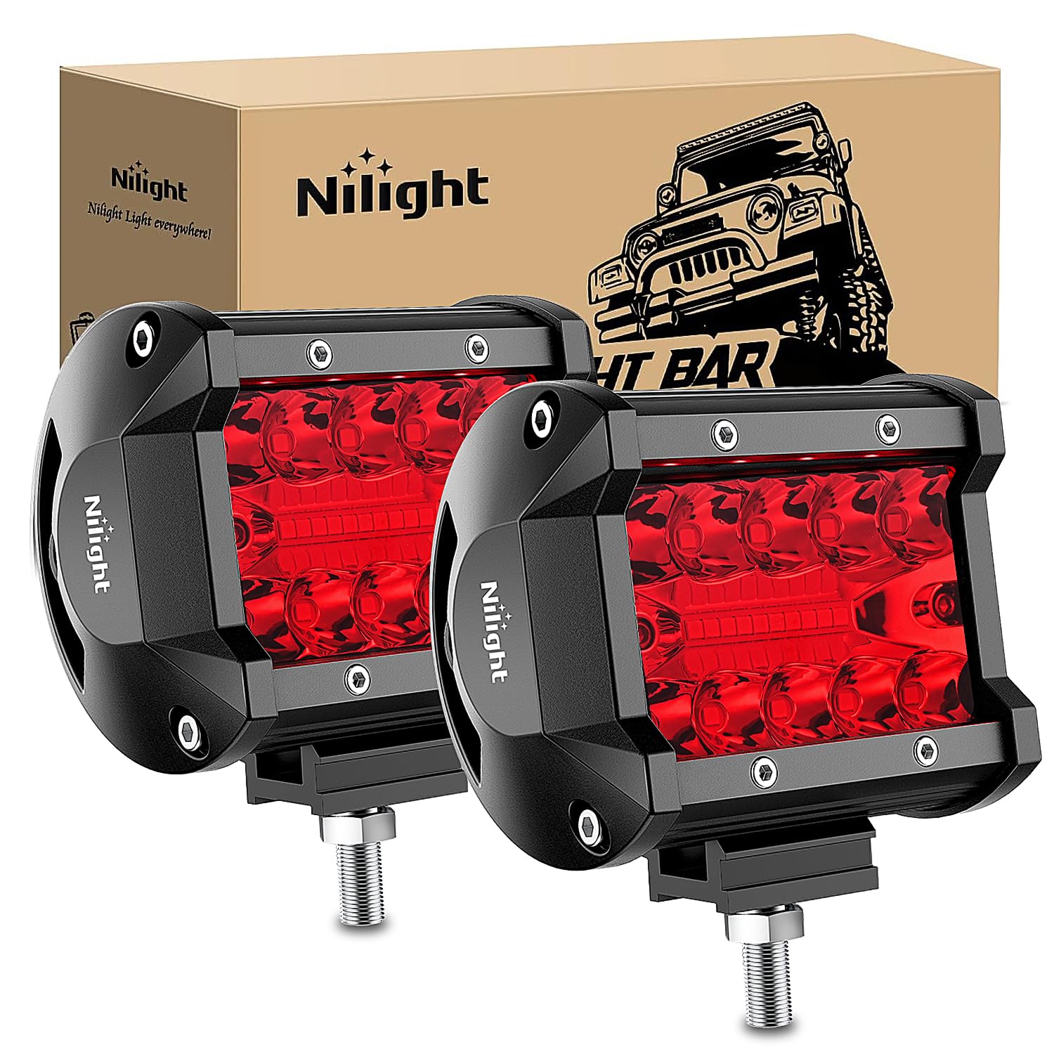 Nilight 4 Inch Led Light Pod Red Triple Row 2Pcs 60W Flood Spot Combo Driving Fog Lights Fishing Hunting Emergency Safety Signal