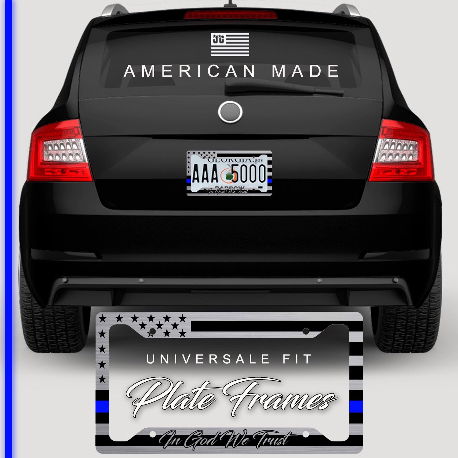 American Flag In God We Trust License Plate Frame + Blue Line Coasters + Keychain - Perfect For God And Country Lovers - Tactica