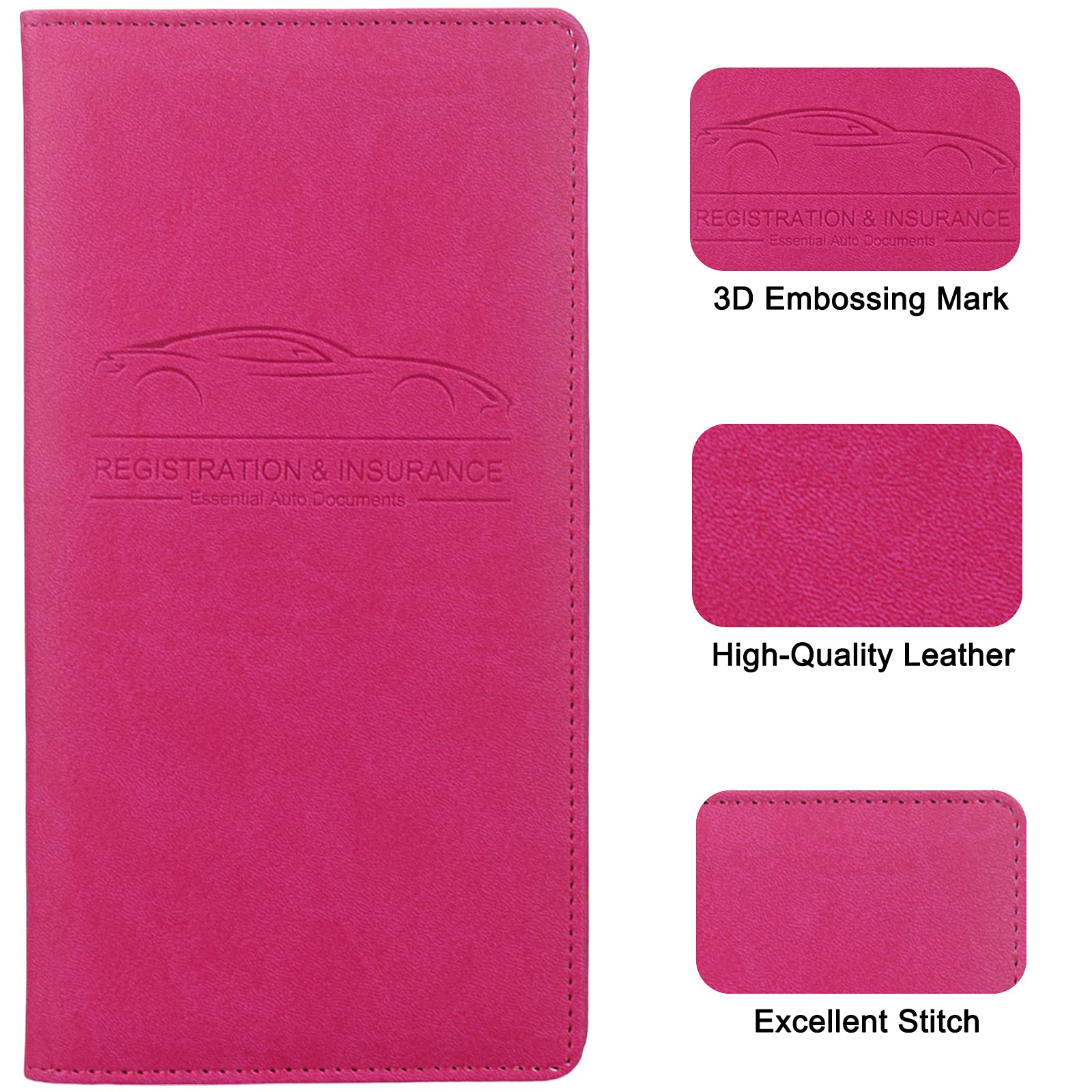 Car Registration And Insurance Holder, Premium Leather Registration And Insurance Card Holder,Vehicle Glove Box Car Organizer,Wallet Accessories Case With Magnetic Shut For Cards, Essential Document, Driver License (Rose Red)