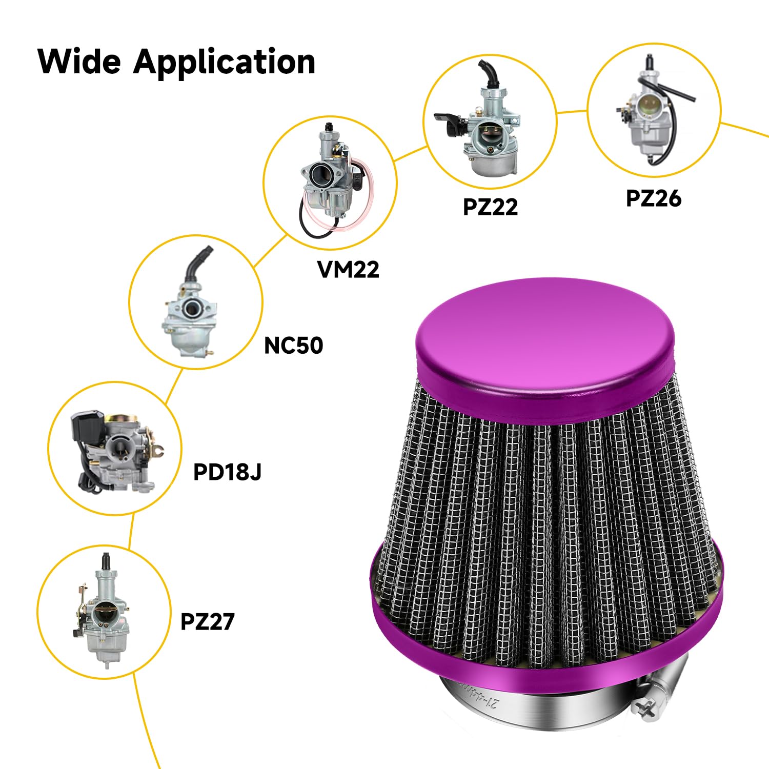 HIAORS 38mm Air Filter for GY6 49cc 50cc Scooters, Aluminum, Purple, Model HO-AFP-38