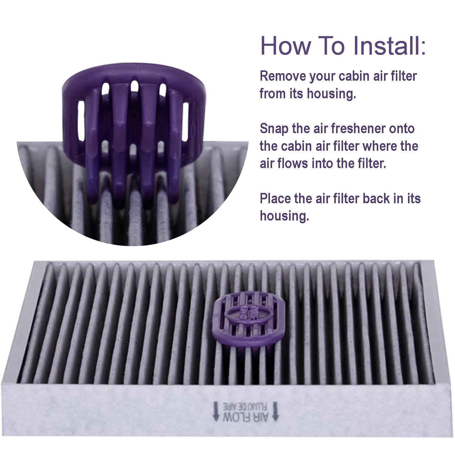 Pureflow Cabin Filter Air Freshener with Odor Eliminator - Fits on Most Car, Truck, and SUV Cabin Air Filters - Lavender (Pack o
