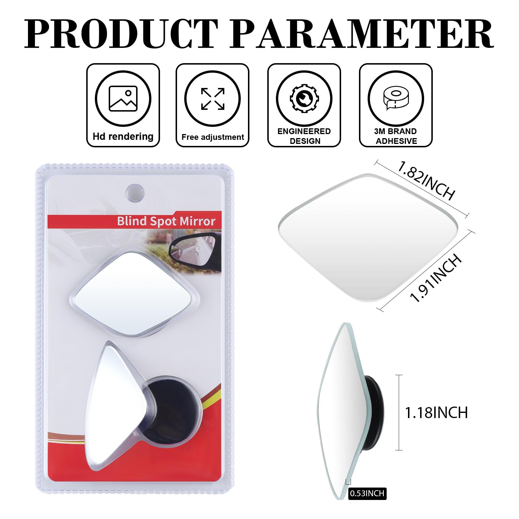 LivTee Blind Spot Mirror - HD Glass Frameless Convex Rear View Mirror, Adjustable Stick, Pack of 2, Rhombus Shape