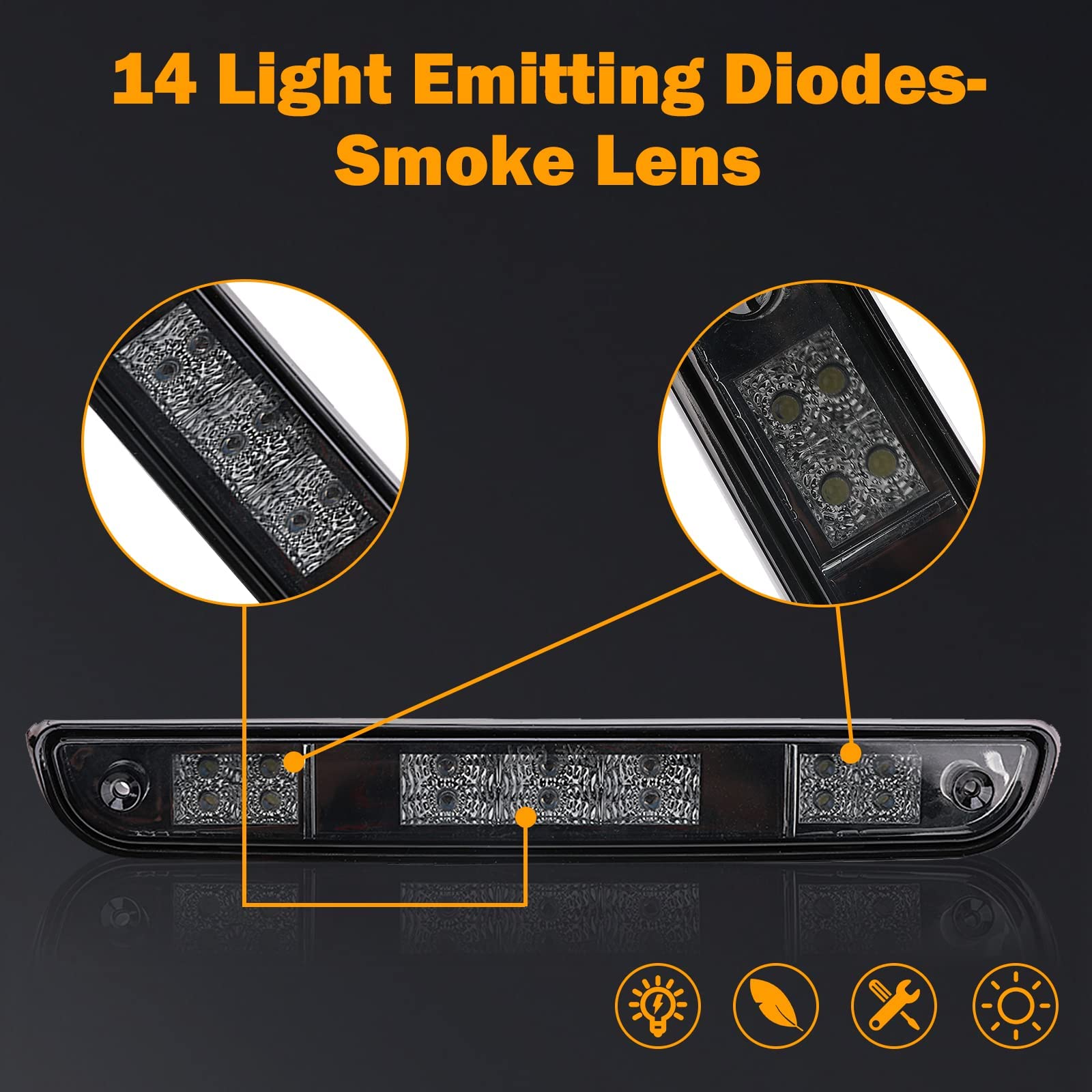 KanSmart LED 3rd Brake Light for 1992-1997 Ford F150/F250/F350/Bronco - Smoked Lens, High Mount, 2-Year Warranty