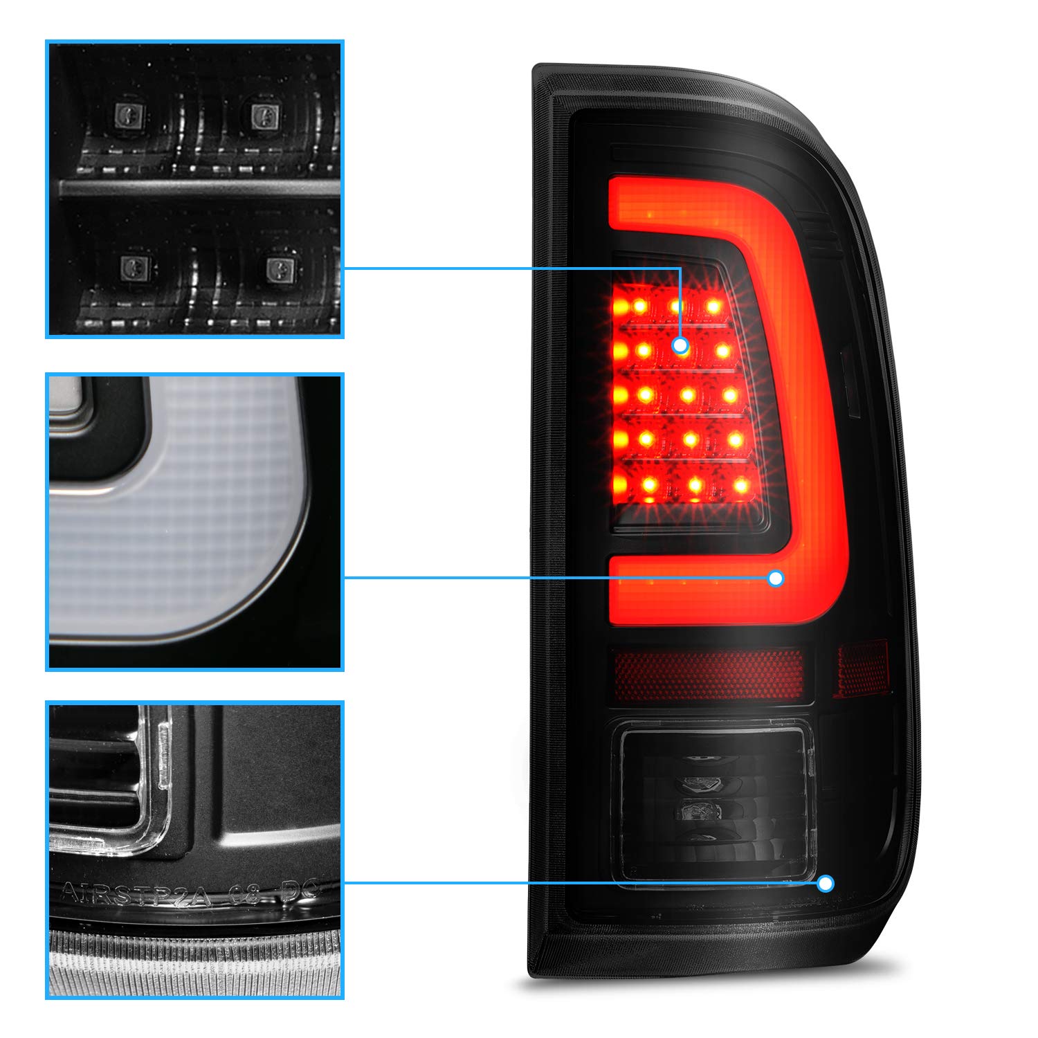 Amerilite For 2008-2016 Ford F250 F350 F450 Sd Pickup Truck Dark Black C-Type Led Tube Replacement Tail Lights W/Reverse Bulb - Passenger And Driver Side