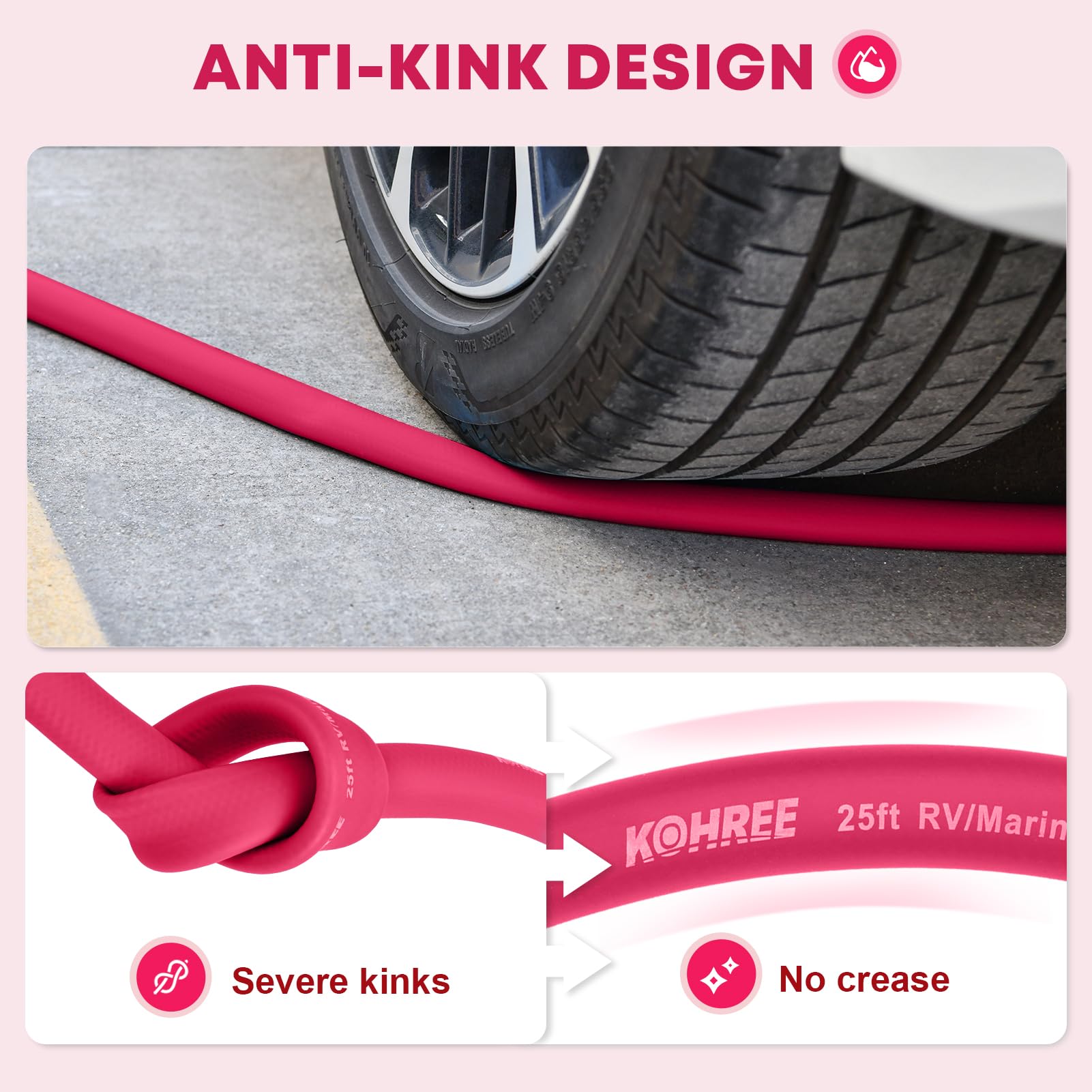 Kohree 25FT RV Water Hose - 5/8" Drinking Water Hose, Leak-Free, No Kink, Flexible, Pink, Model KR2152-KO-US-FBA