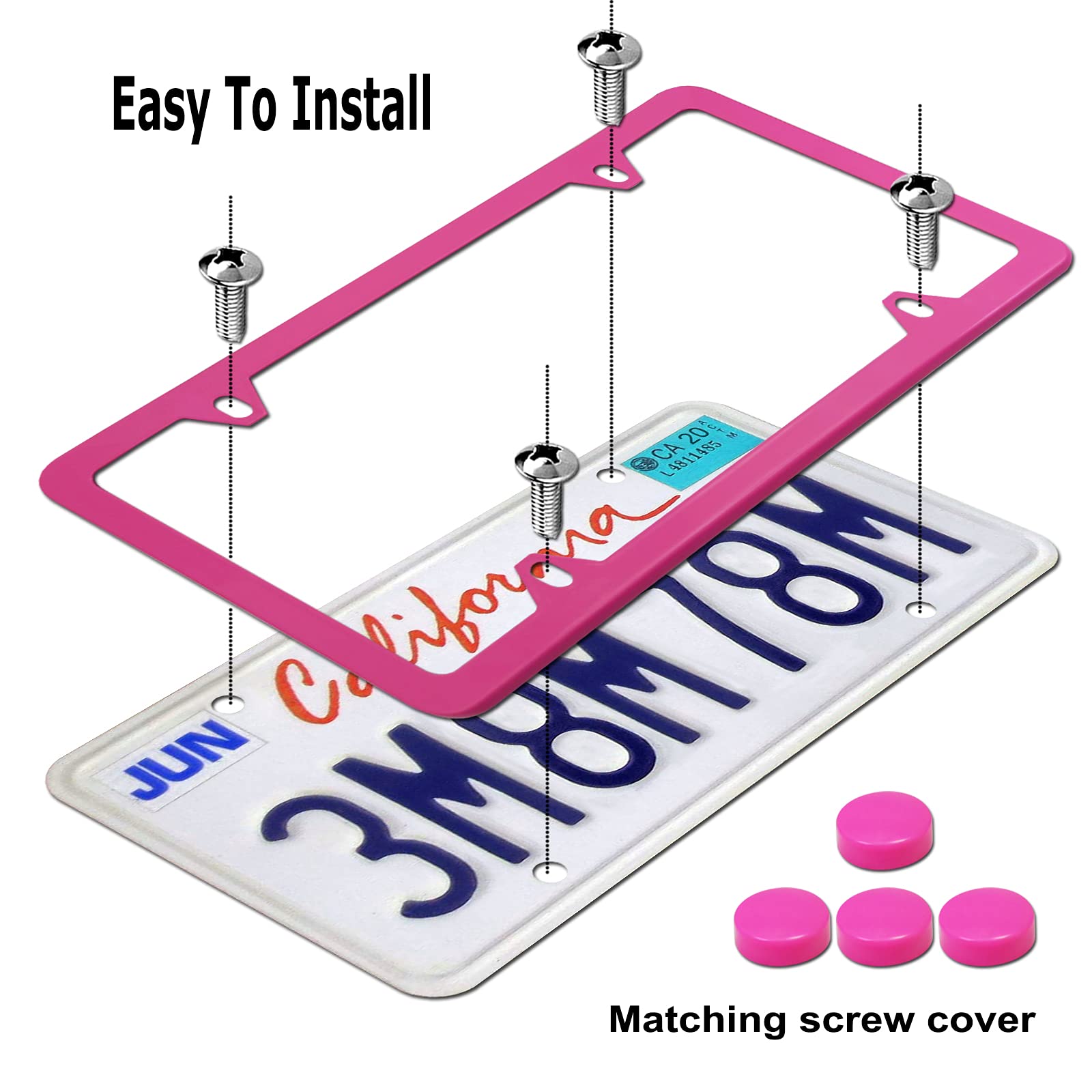YoUoY Pink Aluminum License Plate Frames for Girls, 2 Pack Slim Holders with Stainless Steel Screws & Rattle Proof Pads