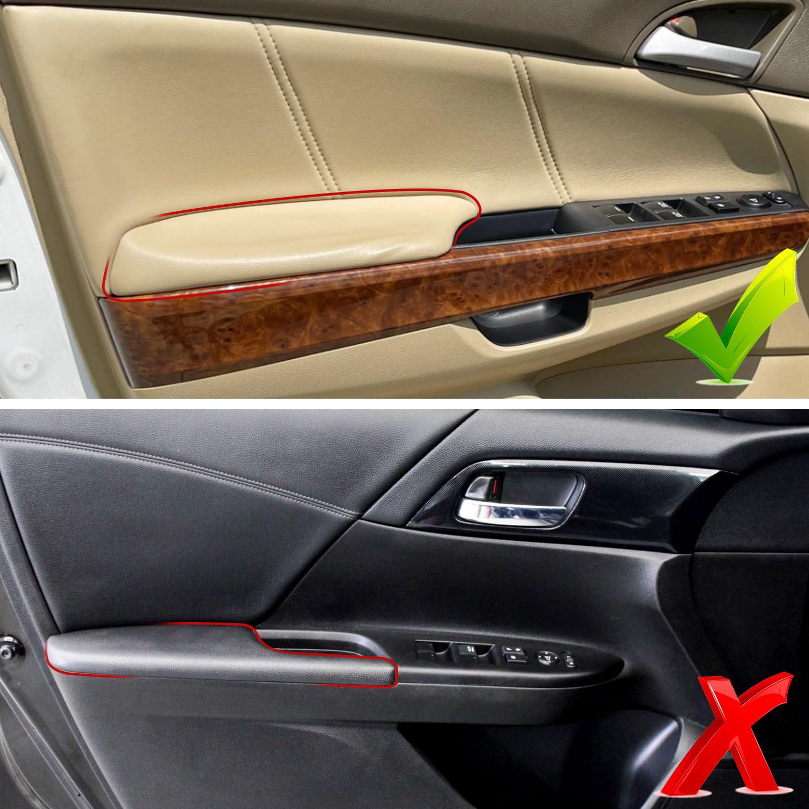 APESER Rear Door Panels Armrest Covers for Honda Accord 2008-2012, Beige, 2 Pcs PU Leather, Compatible with EX/EX-L/LX/LX-P/SE