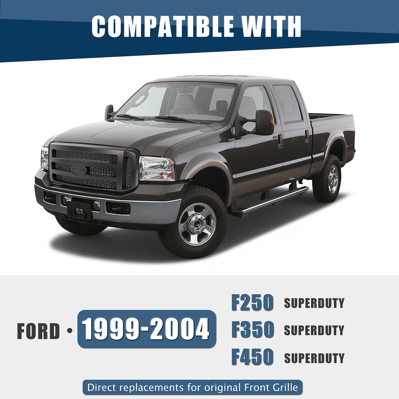 ECOTRIC Front Grille Grill for 1999-2004 Ford F250 F350 Excursion, Black Mesh Style, Plastic, Model AP-006S-MB