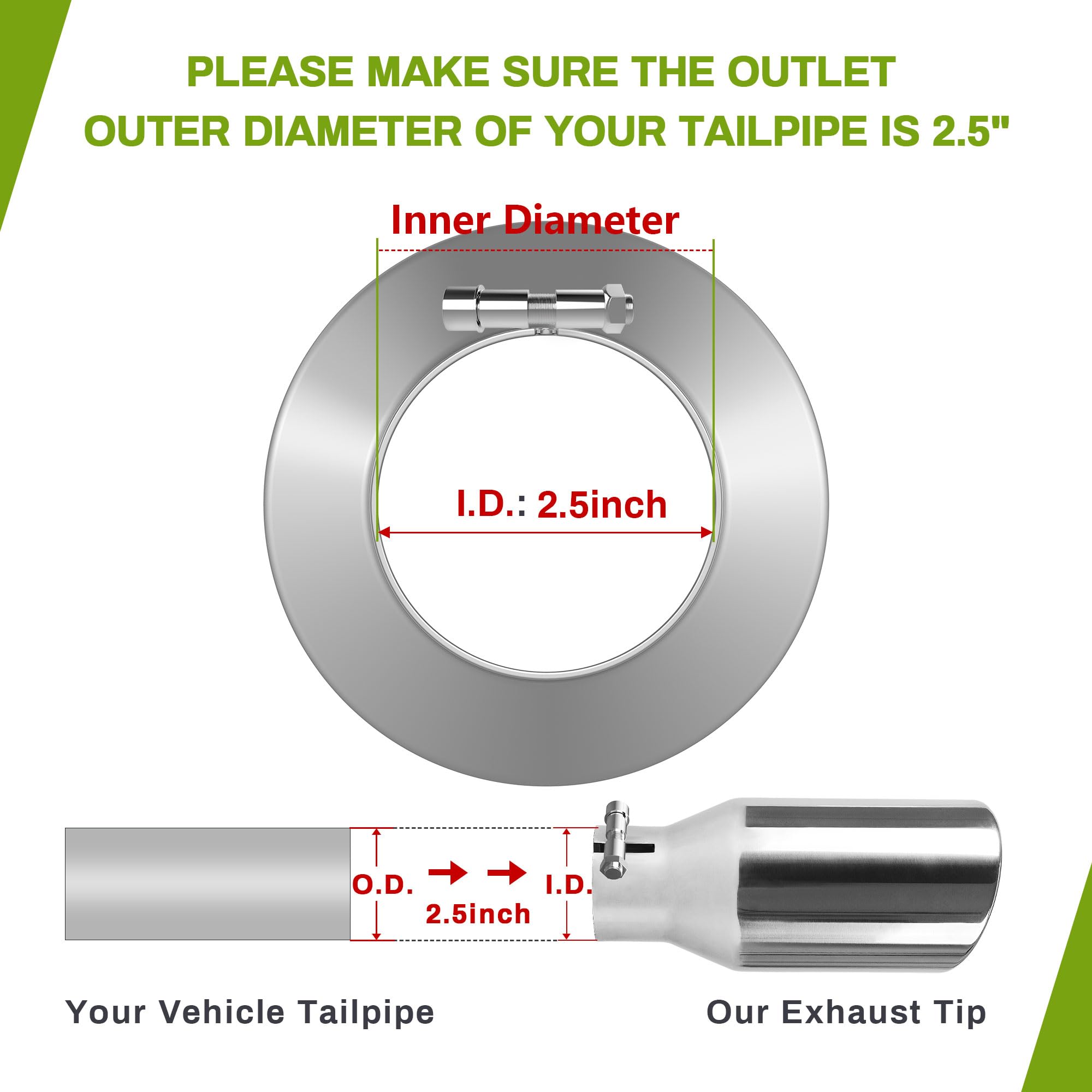 AUTOSAVER88 Exhaust Tip - 2.5" Inlet, 4" Outlet, 9" Long, Chrome-Plated Stainless Steel, Rolled Angle Cut, Bolt-On, Silver