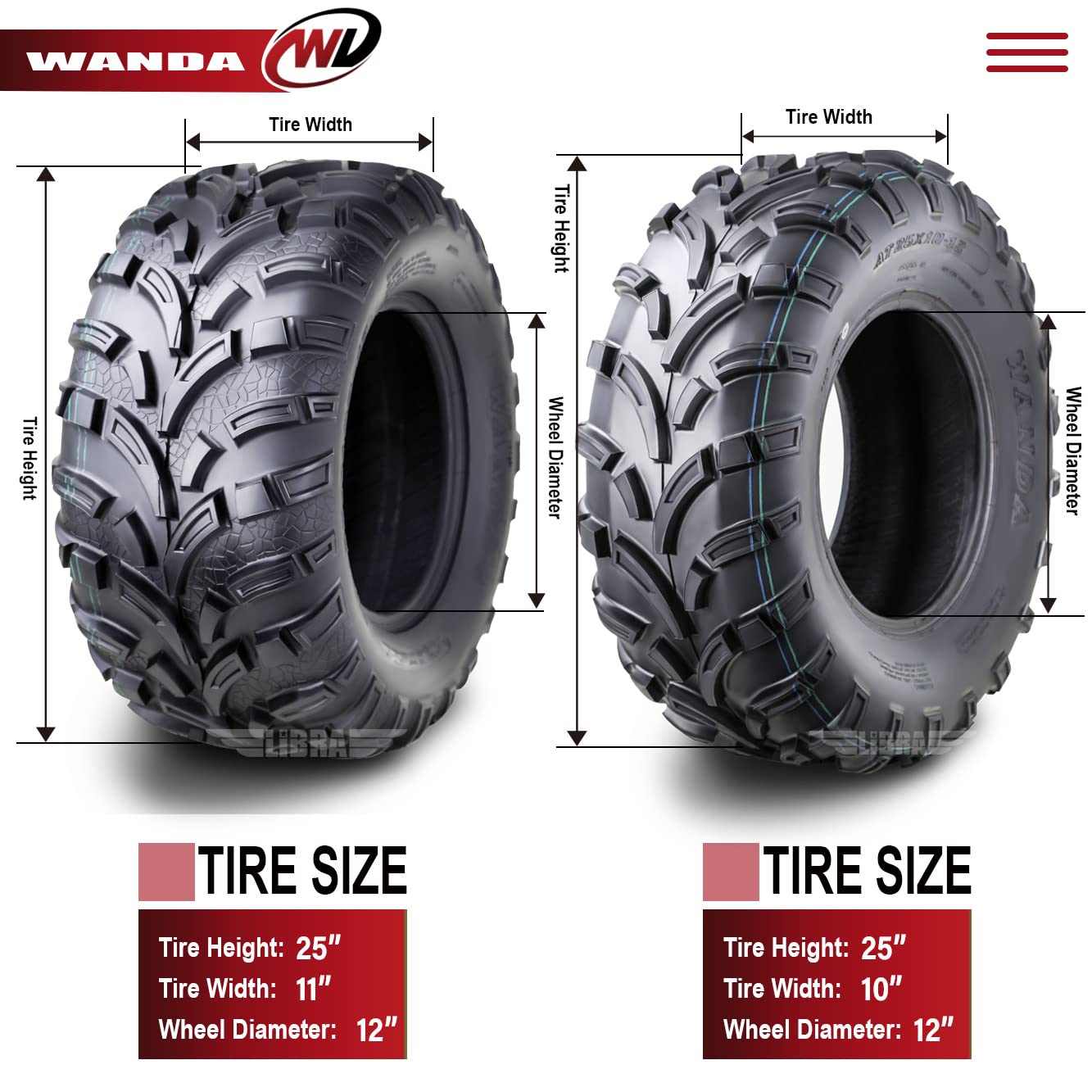 Wanda Set Of 4 New Atv/Utv Tires 25X10-12 Front & 25X11-12 Rear /6Pr P373