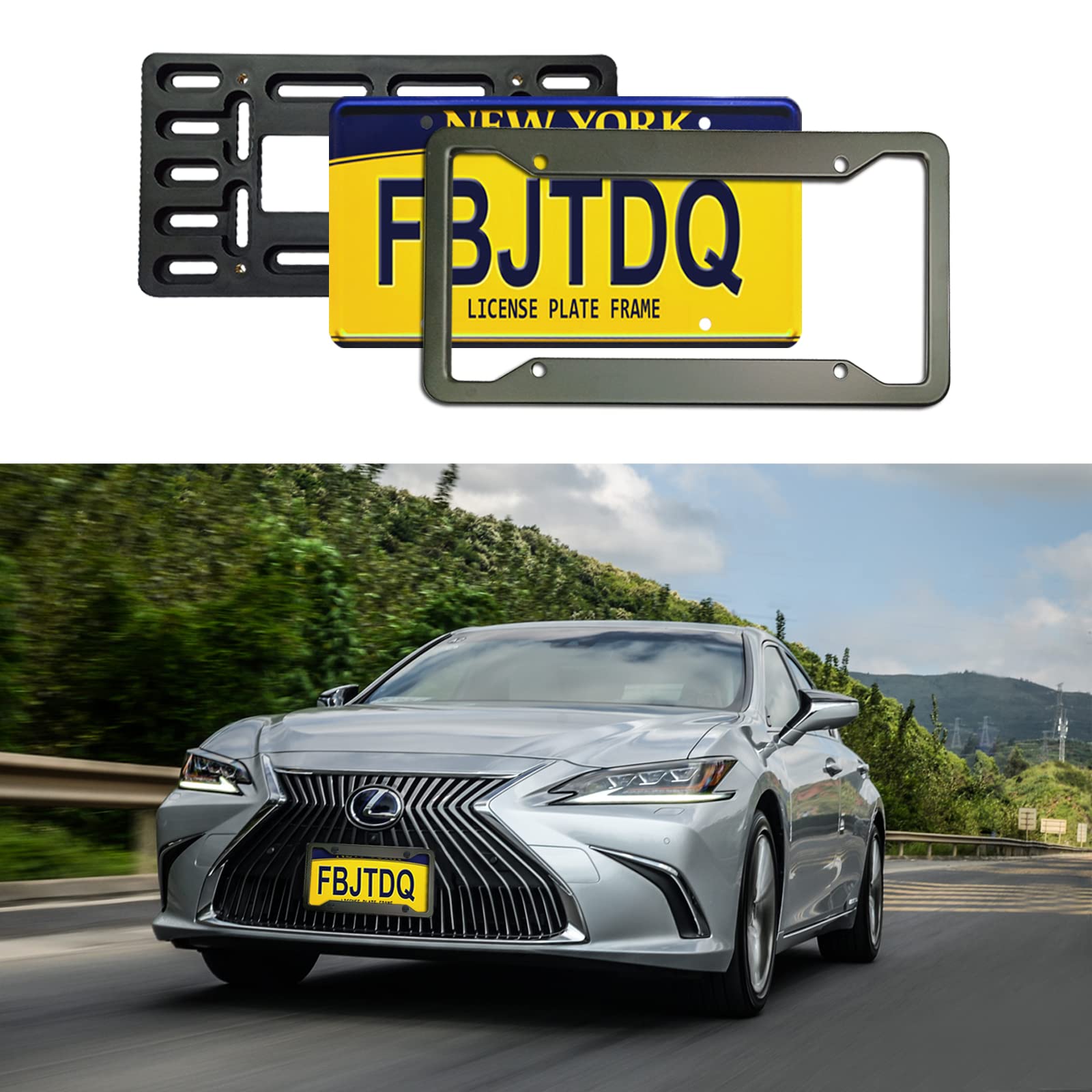 Fbjtdq Front License Plate Mounting Kit - Universal License Plate Bracket & Matte Aluminum Frame Holder, For 2 Hole Front Bumper