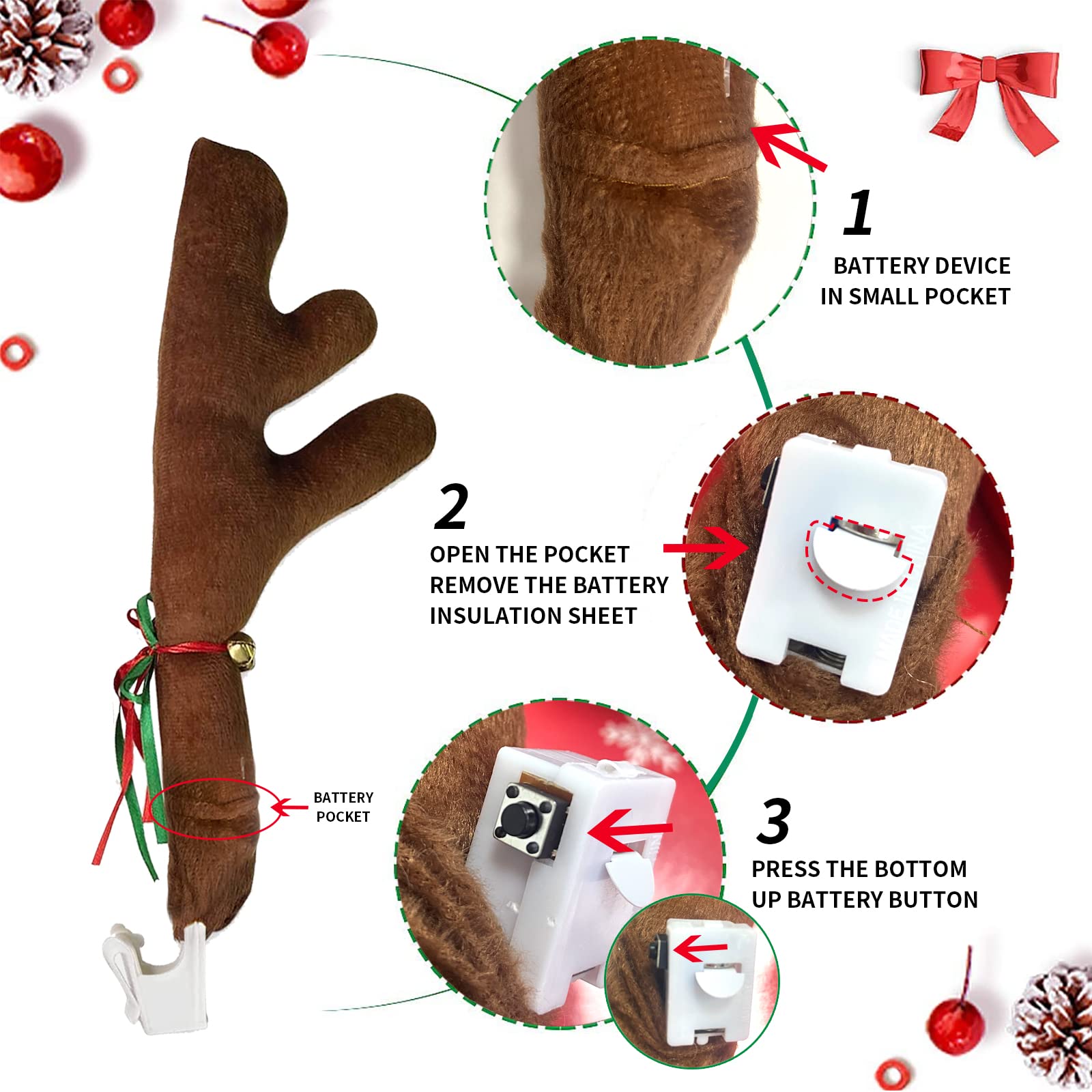 Studiocc Car Christmas Decorations - Reindeer Antler with Light & Jingle Bells, Color-Changing, for SUV, Van, Truck