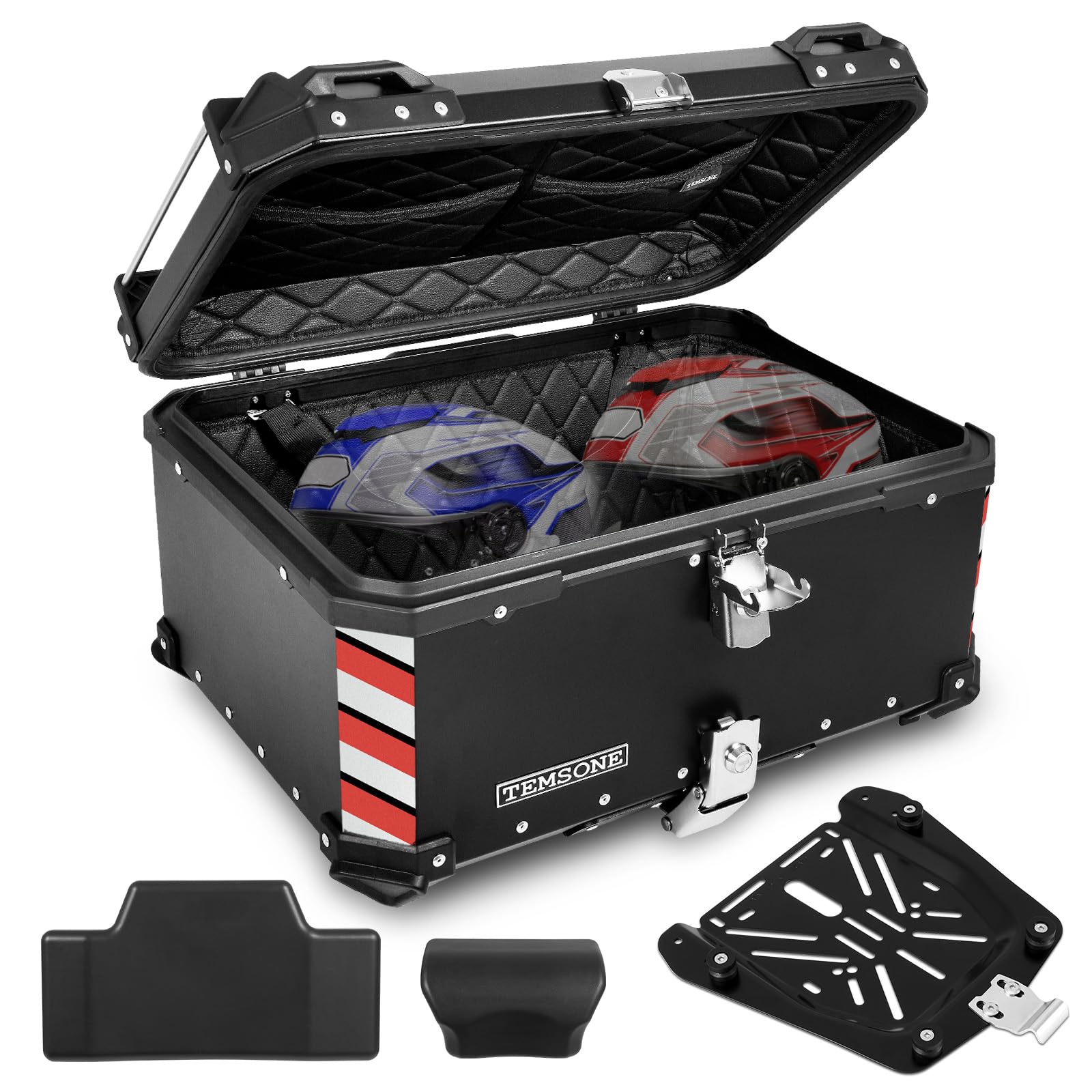 TEMSONE 45L Universal Motorcycle Top Case, Aluminum, Waterproof, Black, Model MTC1001-45, with Backrest & Handle