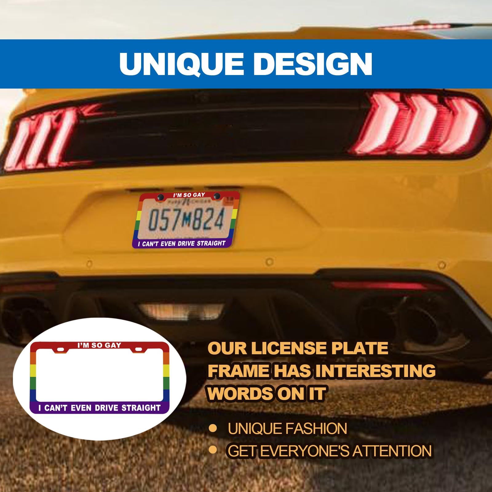 CmeRto Funny License Plate Frame - Aluminum Car Cover, 12x6 Inch, Gay Pride Rainbow Flag, "I'm So Gay I Can't Even Drive Straight"