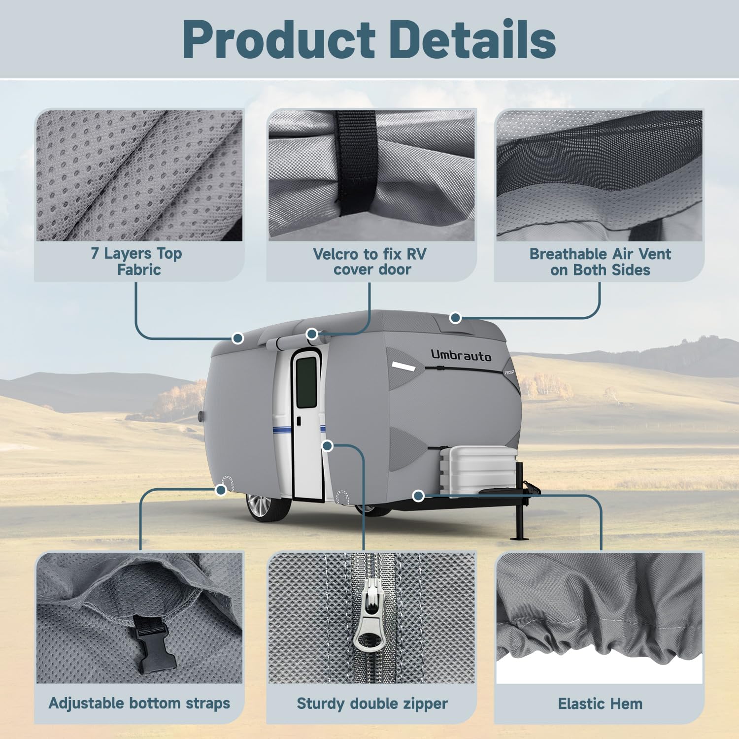Umbrauto Fiberglass Travel Trailer Cover Fits 13'-16' Trailers, 2023 Upgraded 7 Layers Top Camper Rv Cover With Windproof Strap,