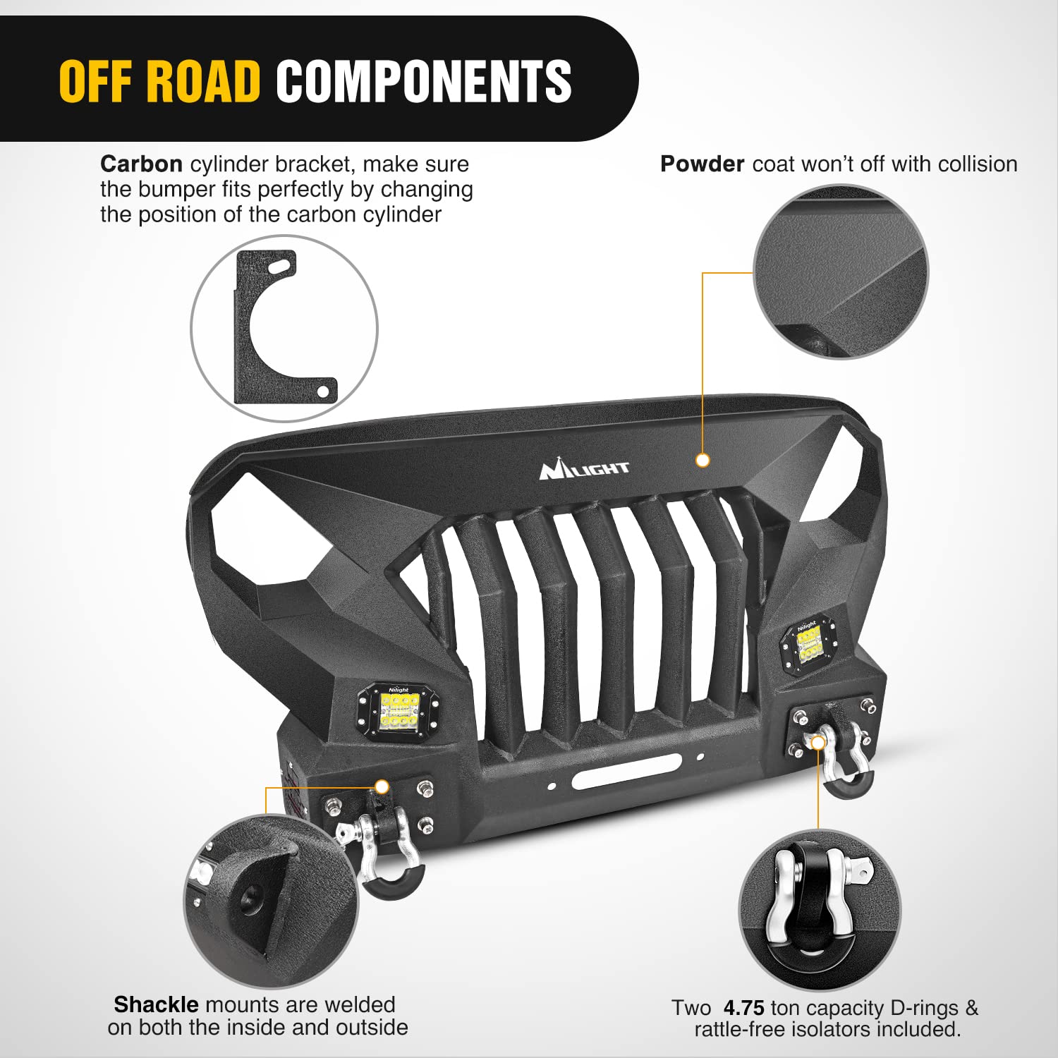 Nilight Wrangler JK Front Bumper Grill with Winch Plate & 2x42W LED Pods, Textured Black, Solid Carbon Steel, Model JK-82B