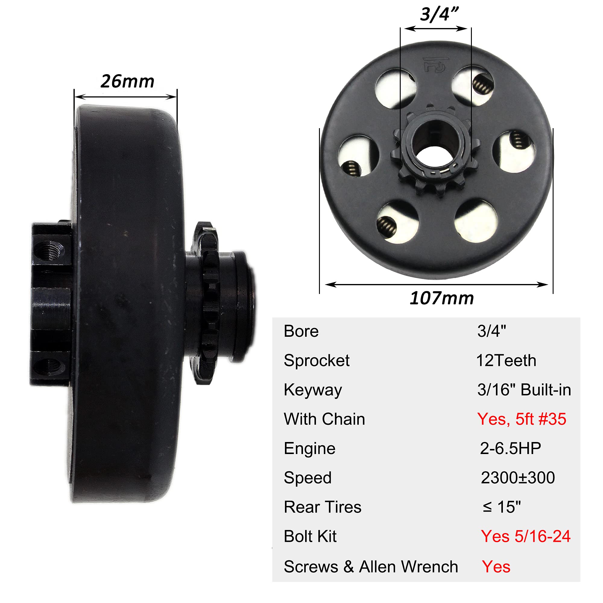 FDJ 3/4" Centrifugal Clutch 12T with #35 Chain Kit for Mini Bike & Go Kart, Fits 2-7 HP Honda Engines