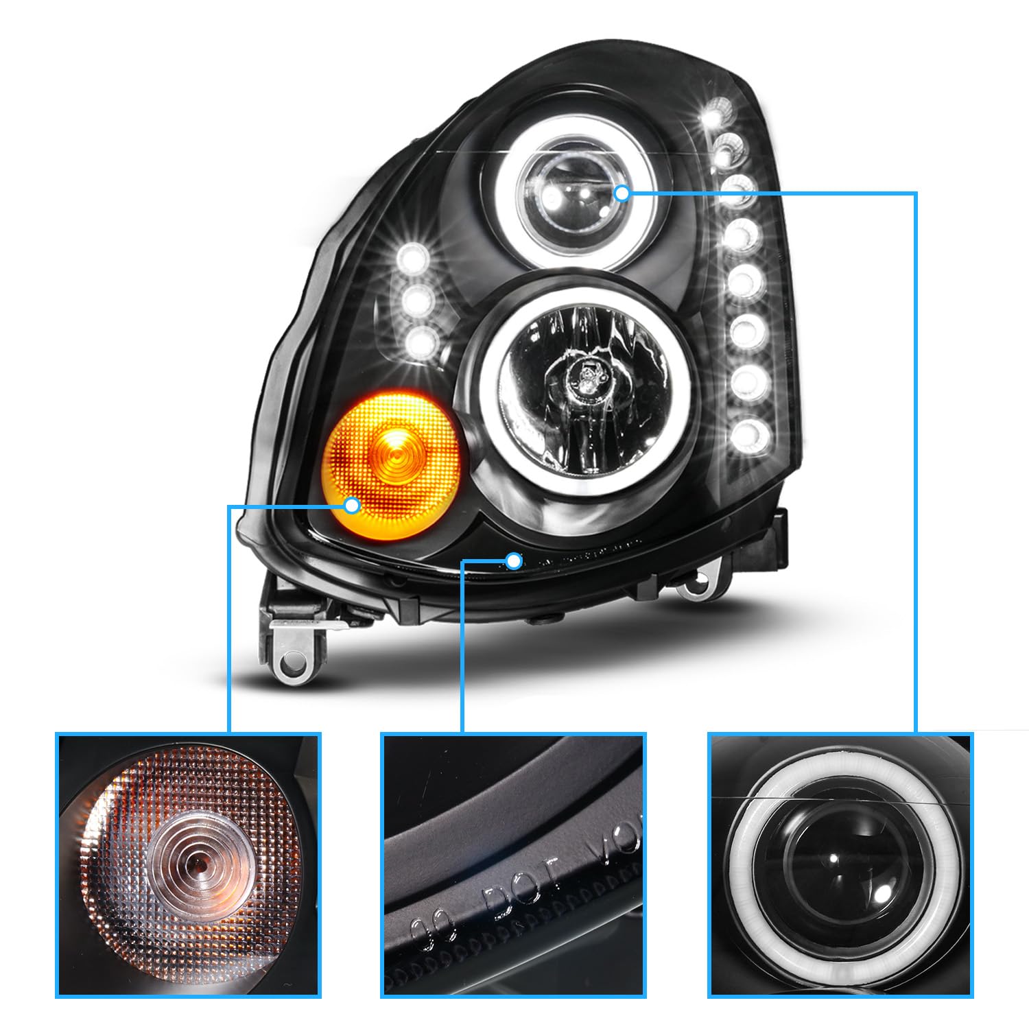 AmeriLite LED Projector Headlights Set for 2003-2007 Infiniti G35 Coupe - Dual Xtreme Halo Rings, Chrome, HID Compatible
