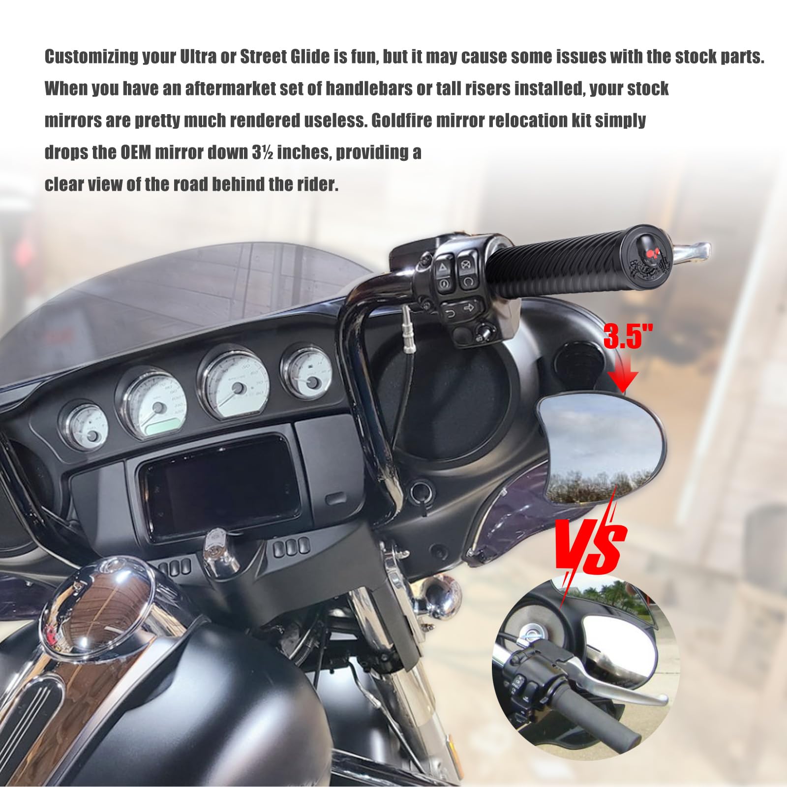 Goldfire Motorcycle Mirror Drop Brackets - Adjustable Fairing Relocator Kit for Harley Touring 2014-2023, Black Aluminum